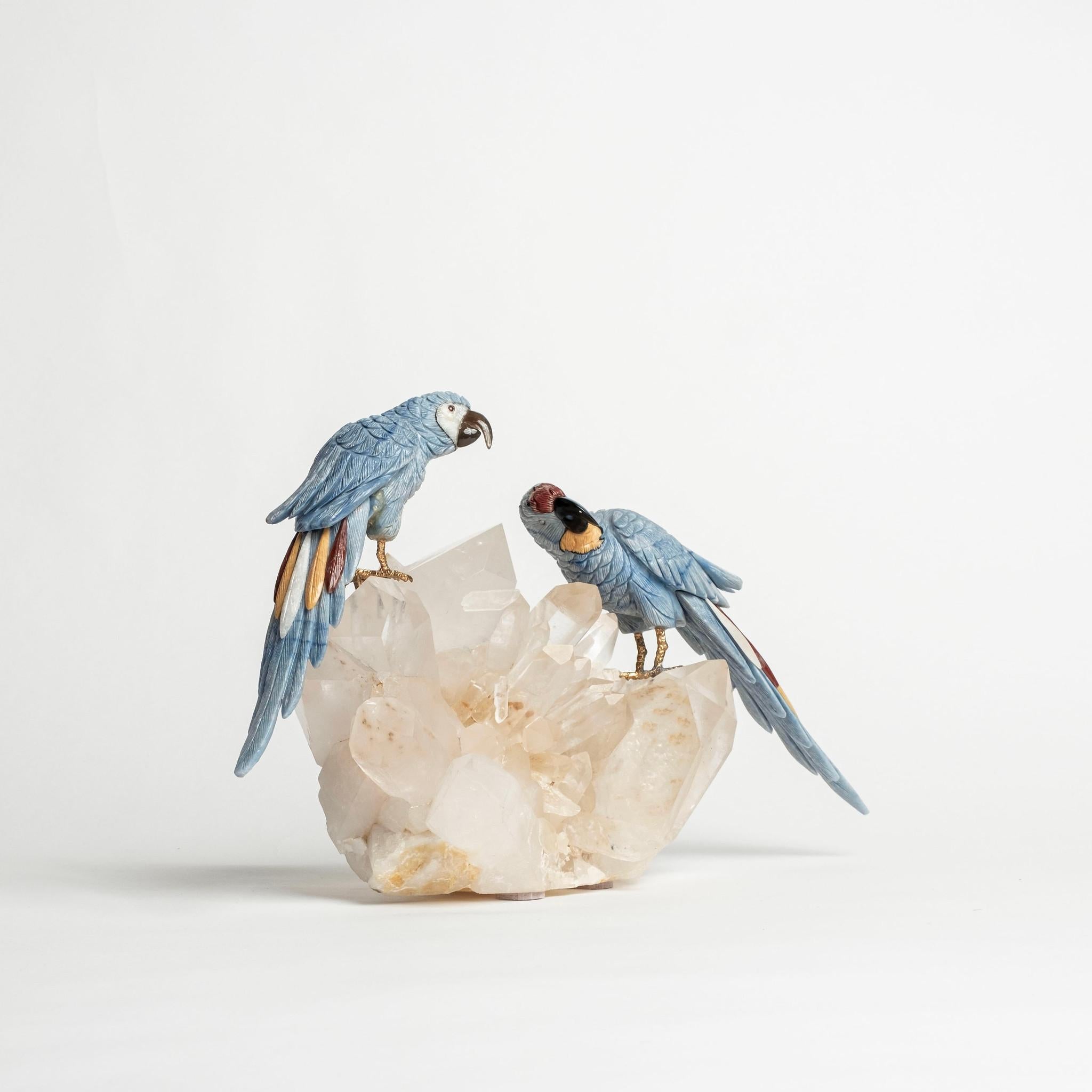 Blue Parrots on Quartz Base In New Condition For Sale In Houston, TX