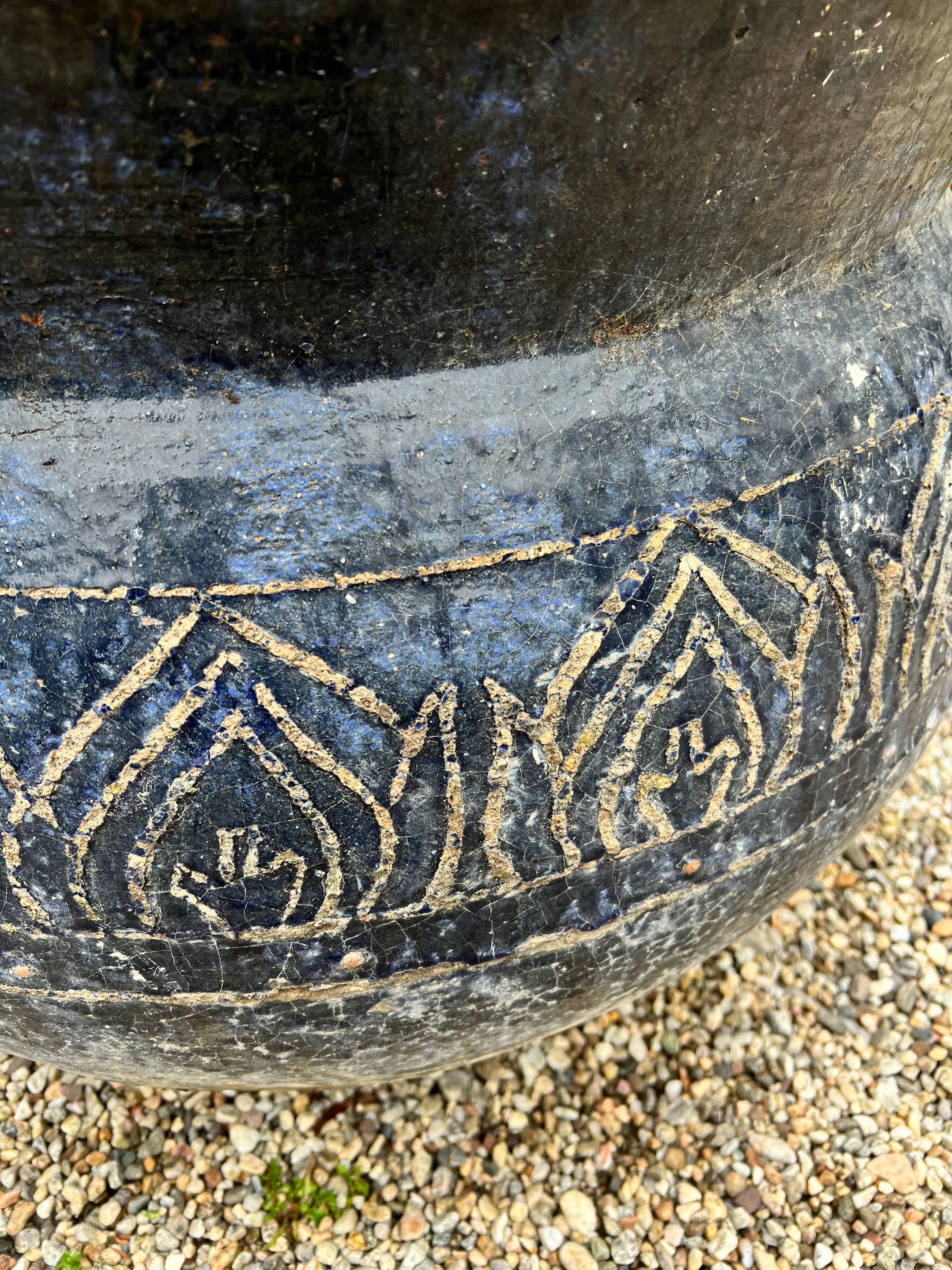 Blue Patinated Glazed Terracotta Planter with Etched Design In Good Condition For Sale In Los Angeles, CA