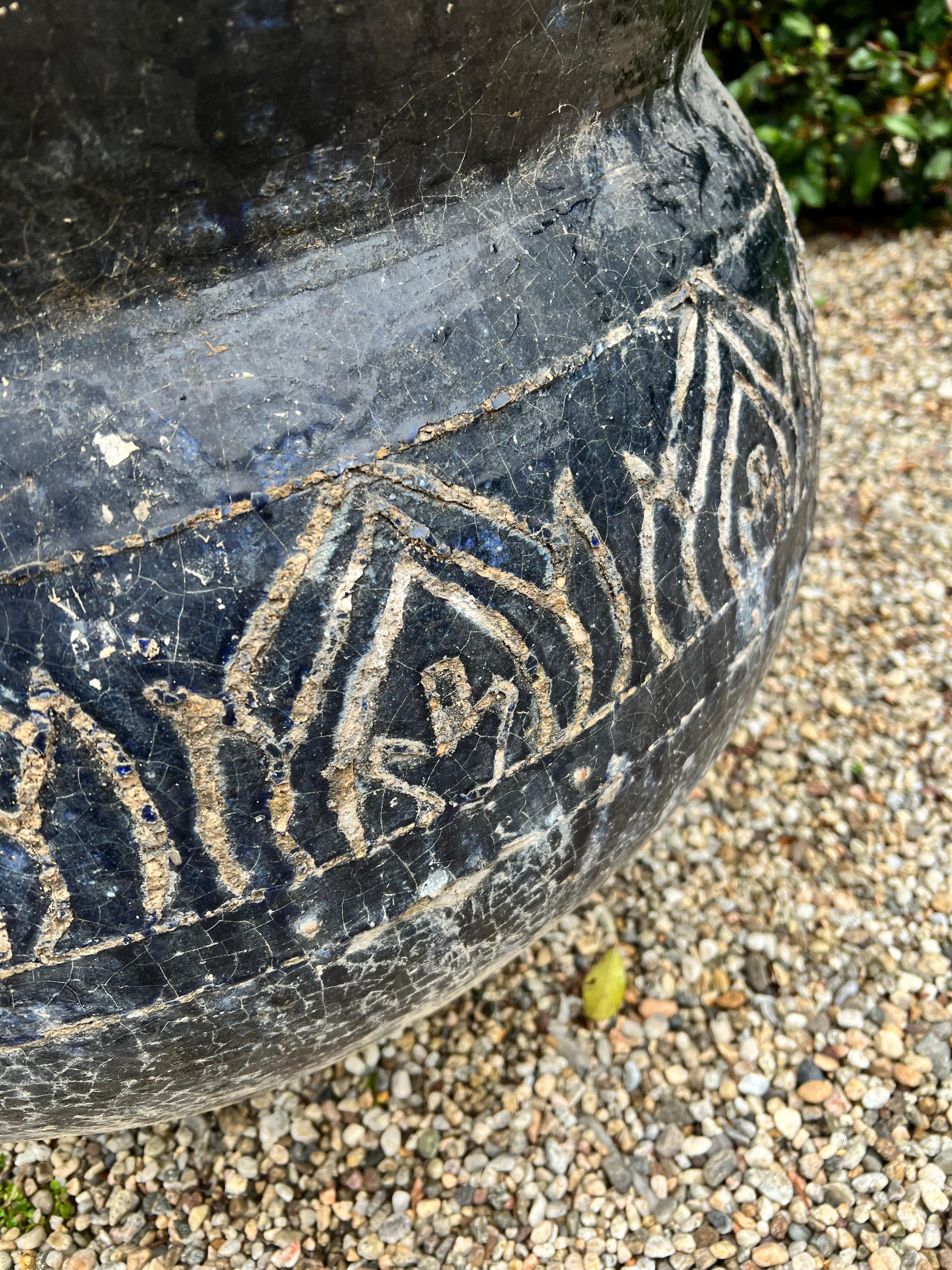20th Century Blue Patinated Glazed Terracotta Planter with Etched Design For Sale