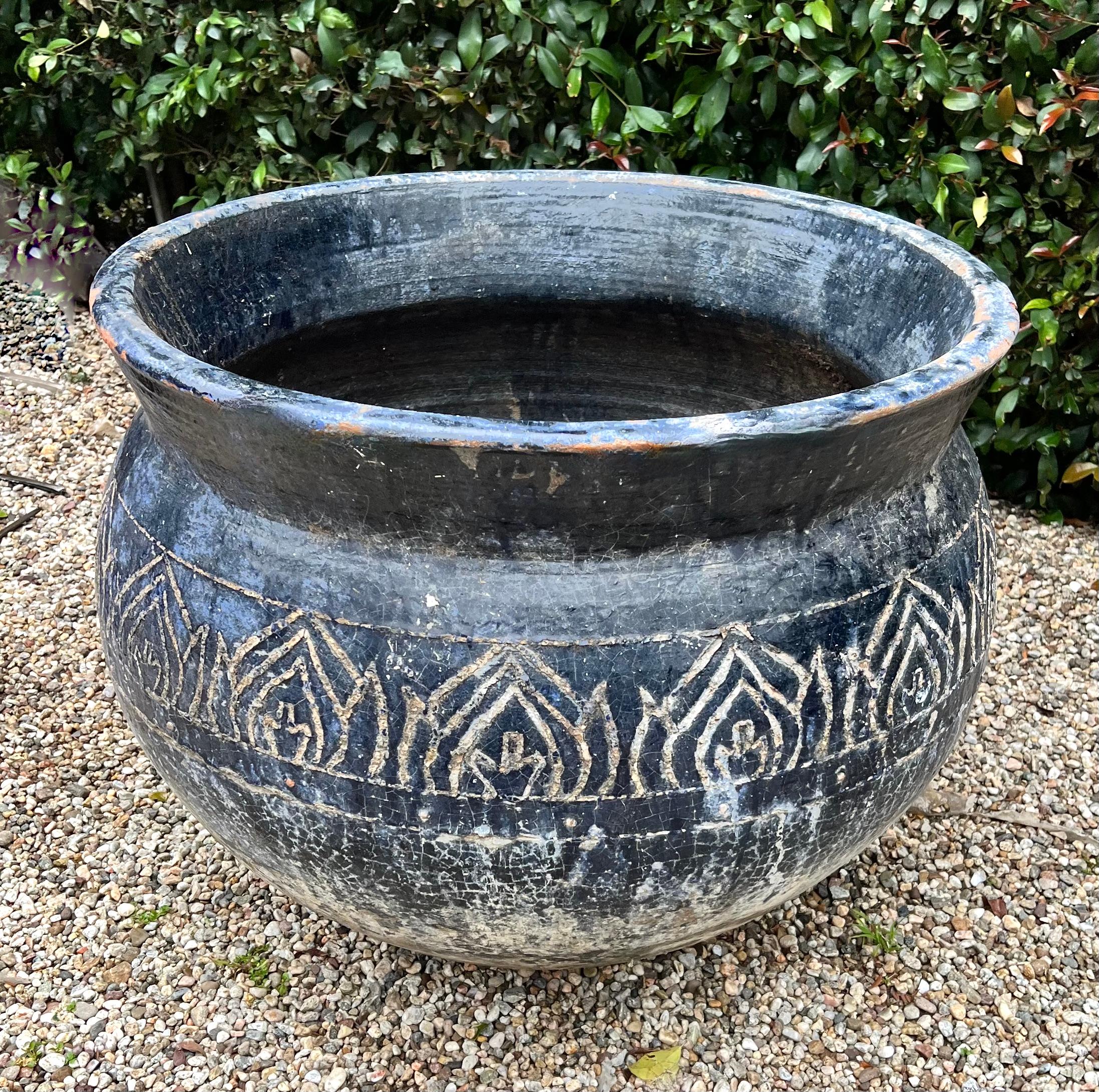 Blue Patinated Glazed Terracotta Planter with Etched Design For Sale 1