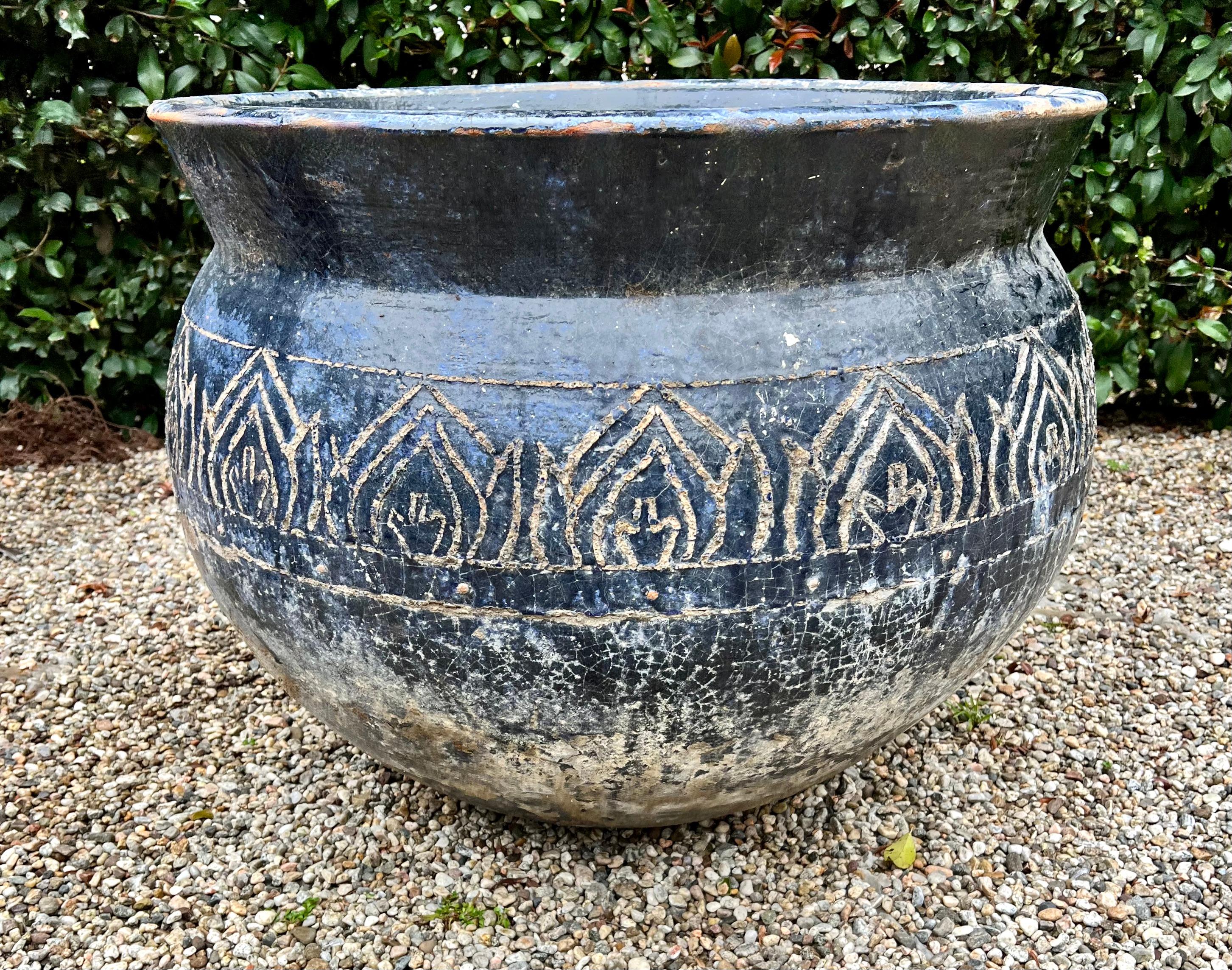 Blue Patinated Glazed Terracotta Planter with Etched Design For Sale 2