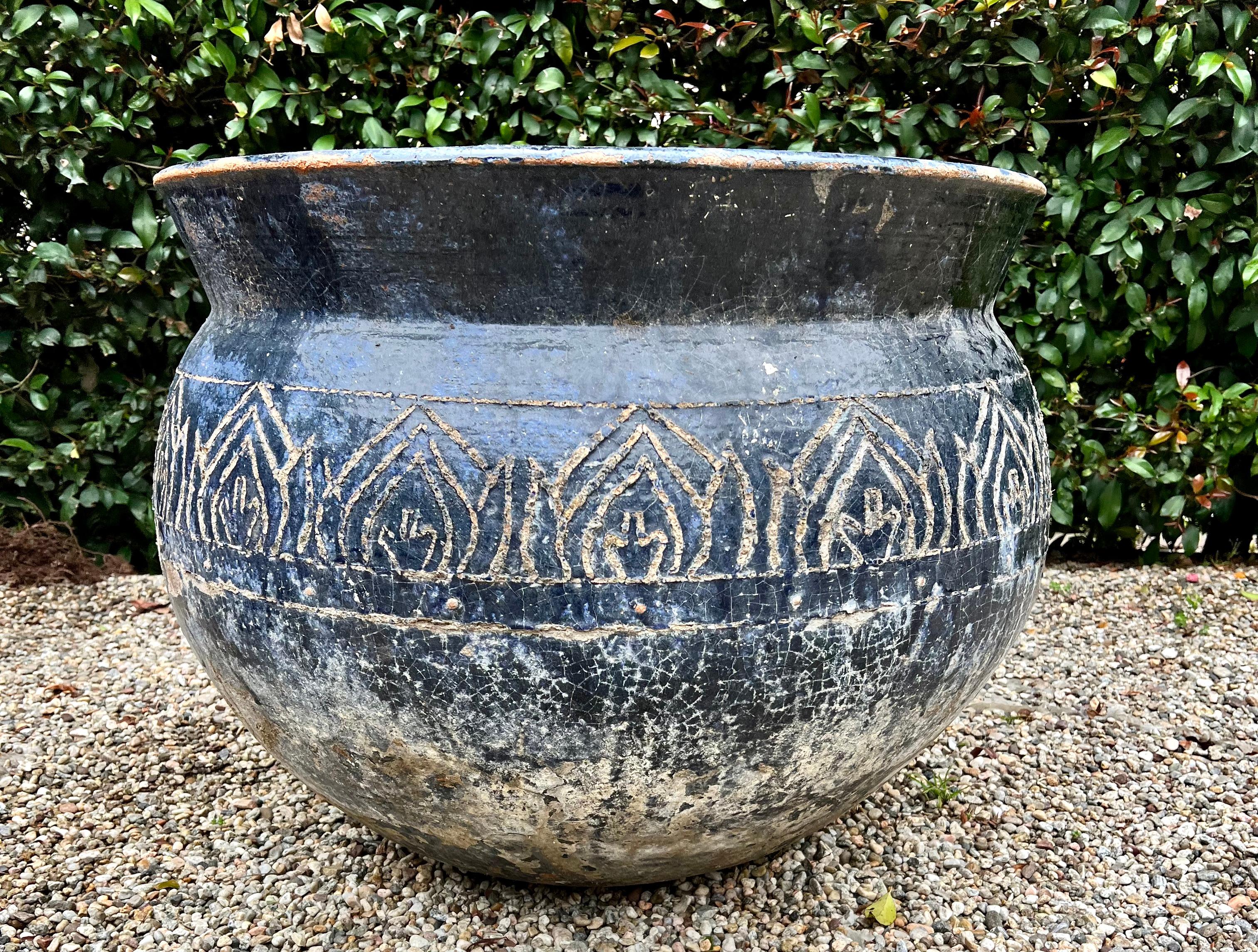Blue Patinated Glazed Terracotta Planter with Etched Design For Sale 3