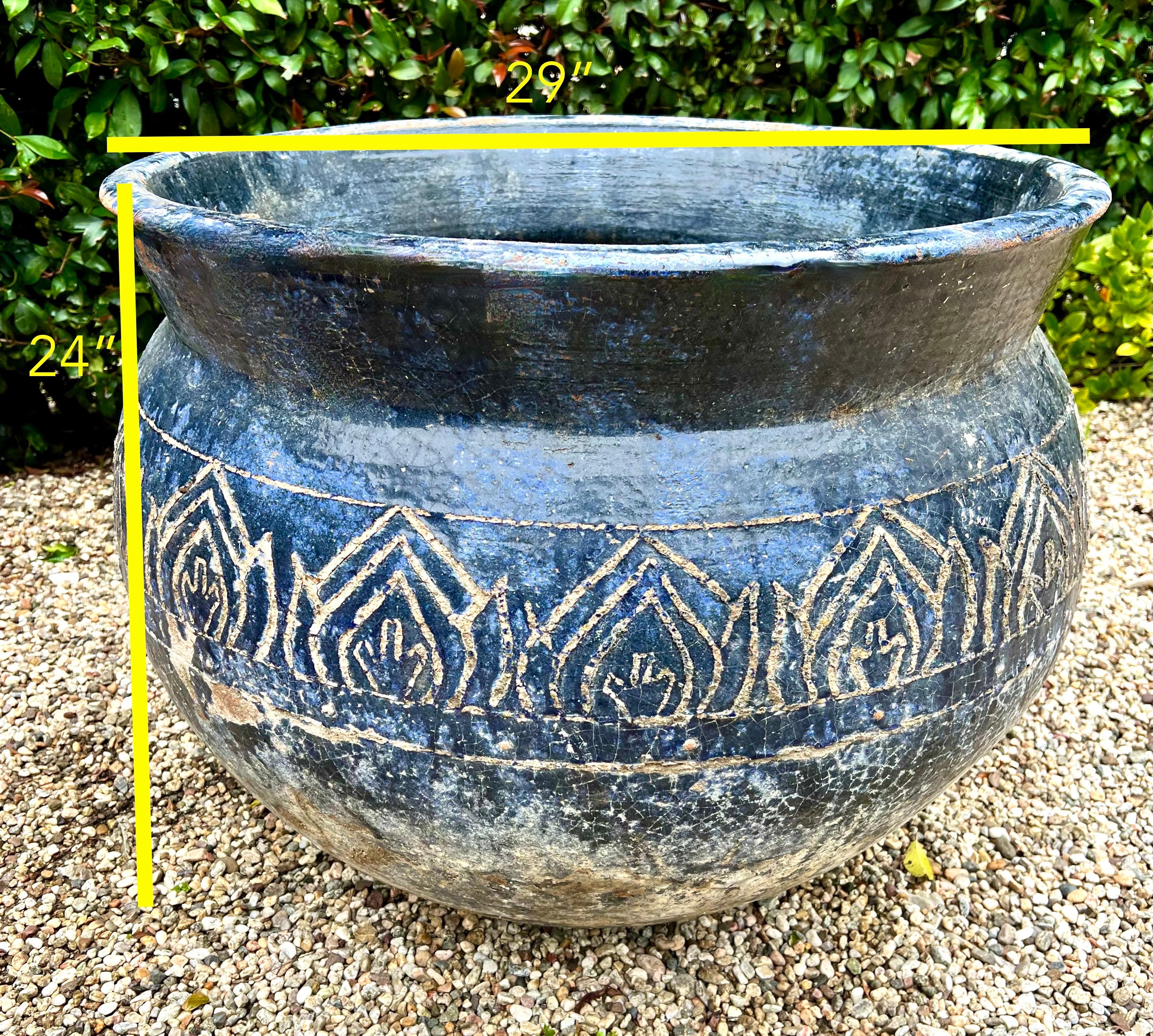 Blue Patinated Glazed Terracotta Planter with Etched Design For Sale 4