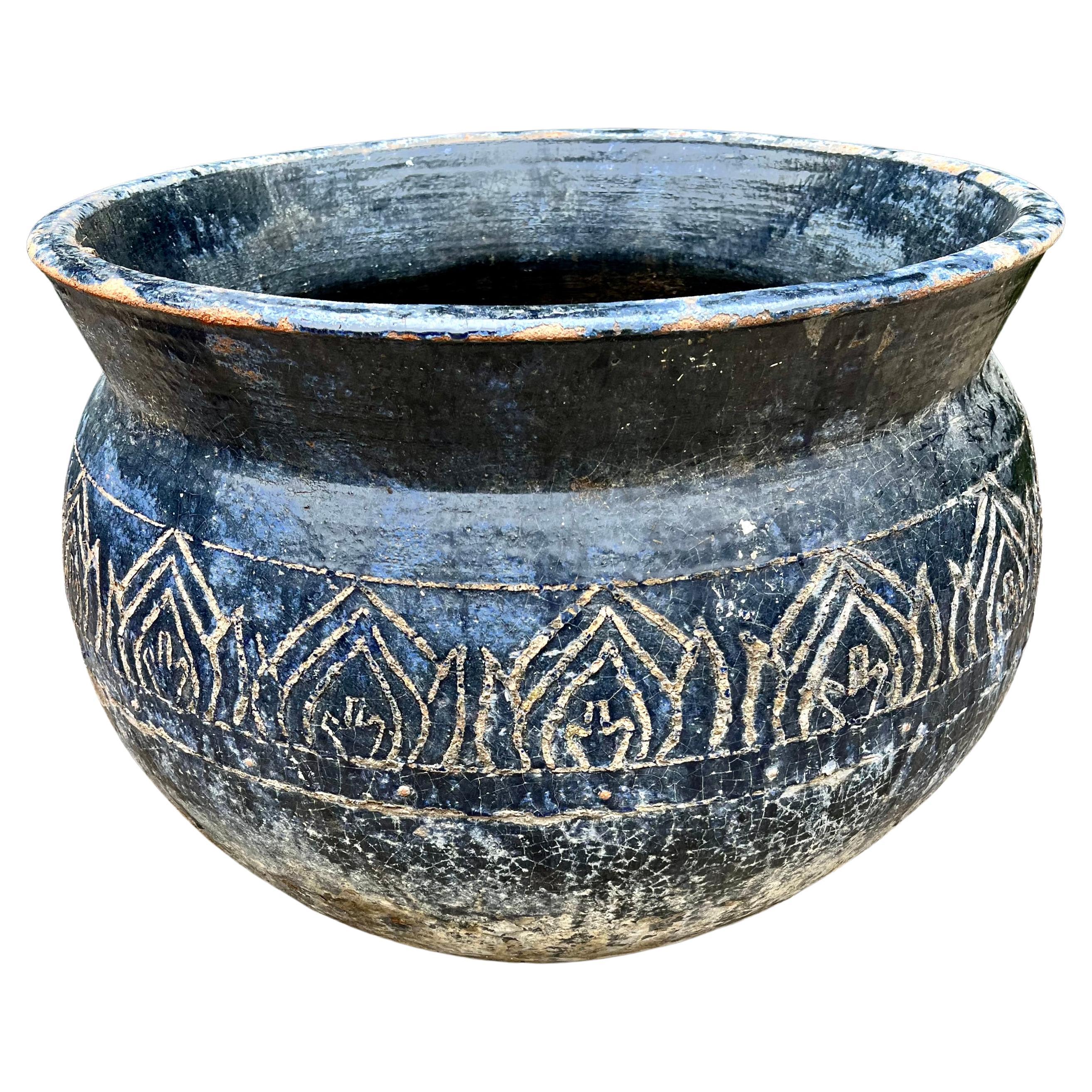 Blue Patinated Glazed Terracotta Planter with Etched Design For Sale