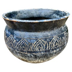 Used Blue Patinated Glazed Terracotta Planter with Etched Design
