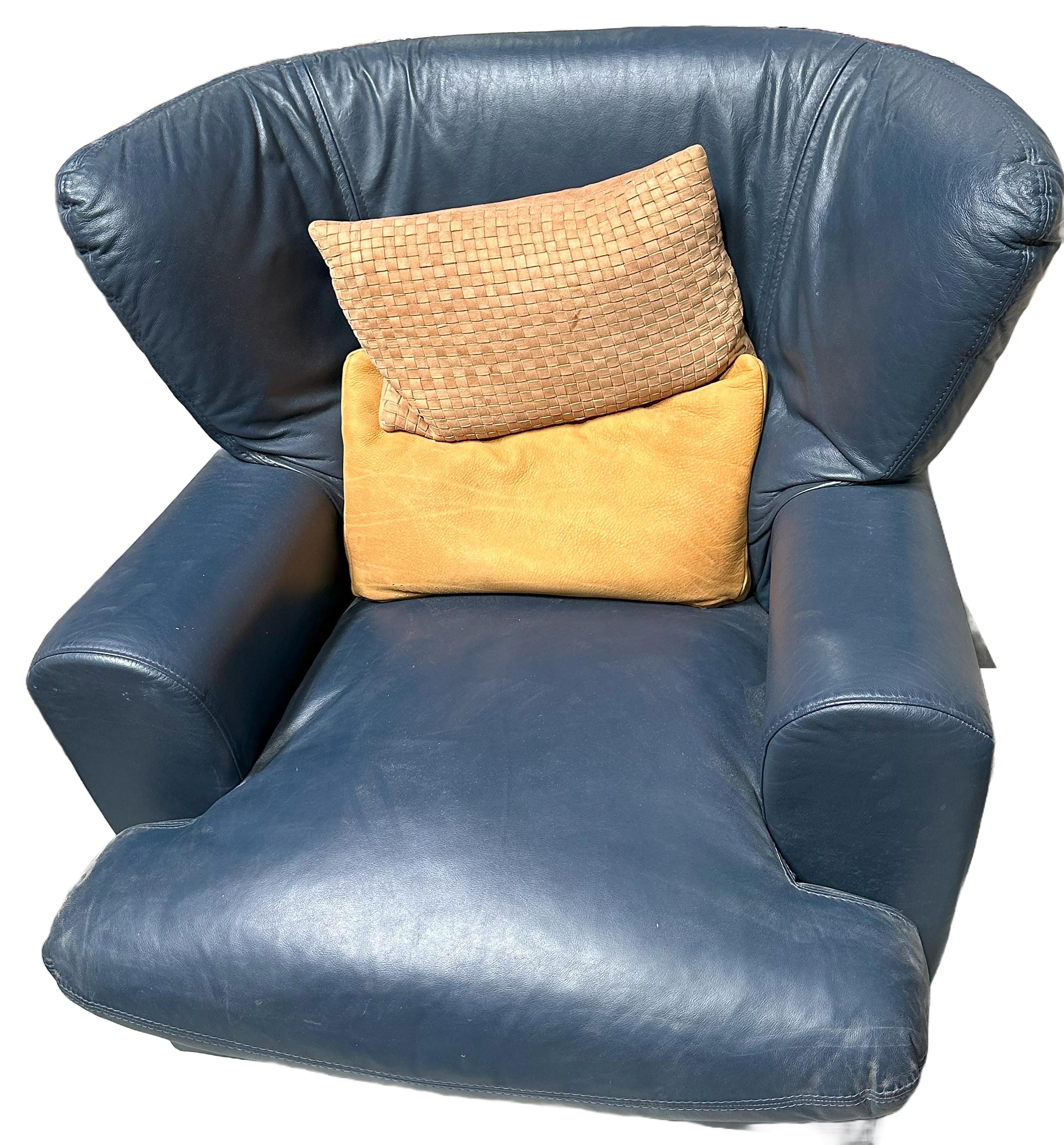 Unknown Blue Patinated Leather Wing Back Lounge Chair For Sale