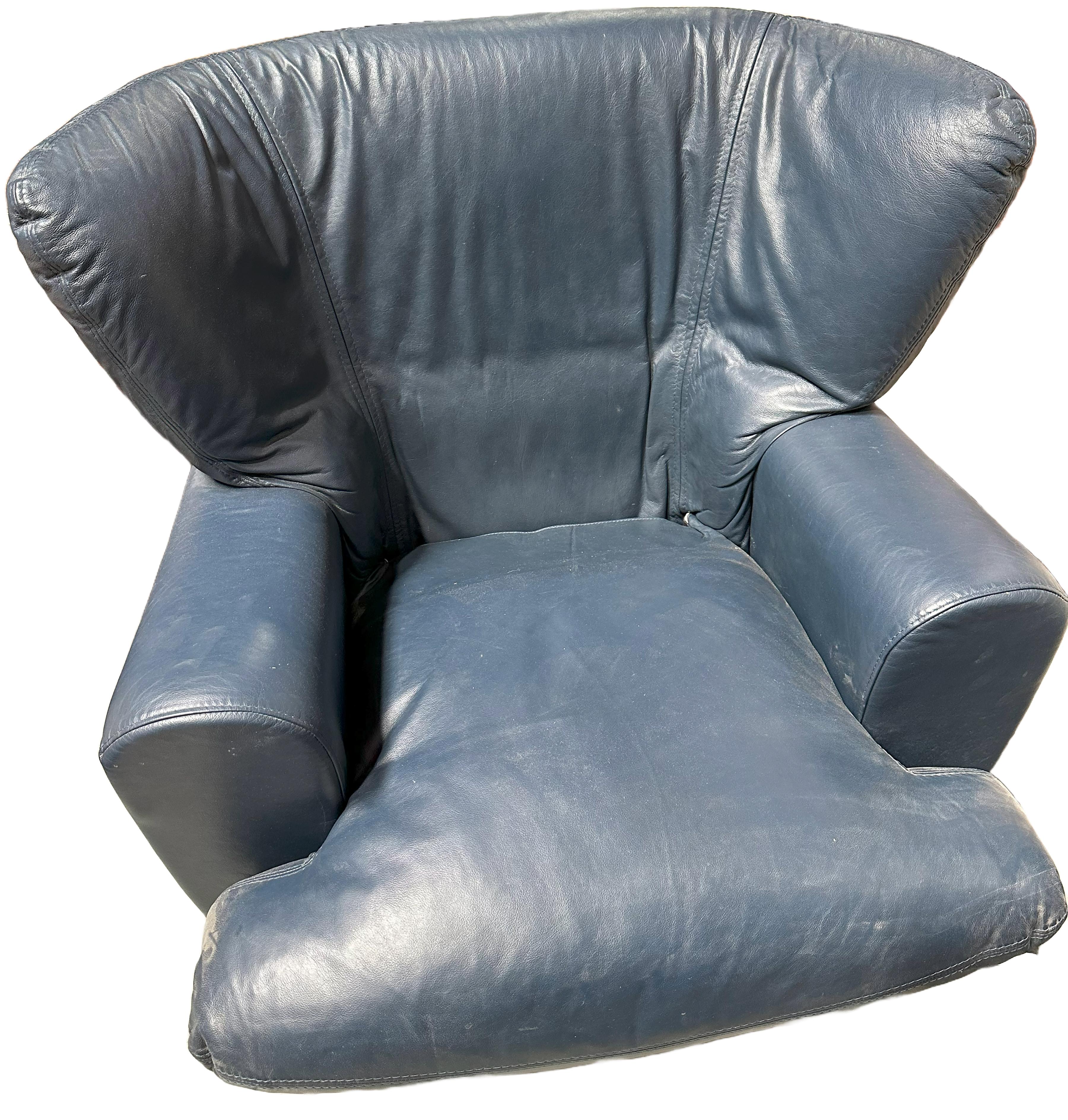 Blue Patinated Leather Wing Back Lounge Chair In Good Condition For Sale In Dallas, TX