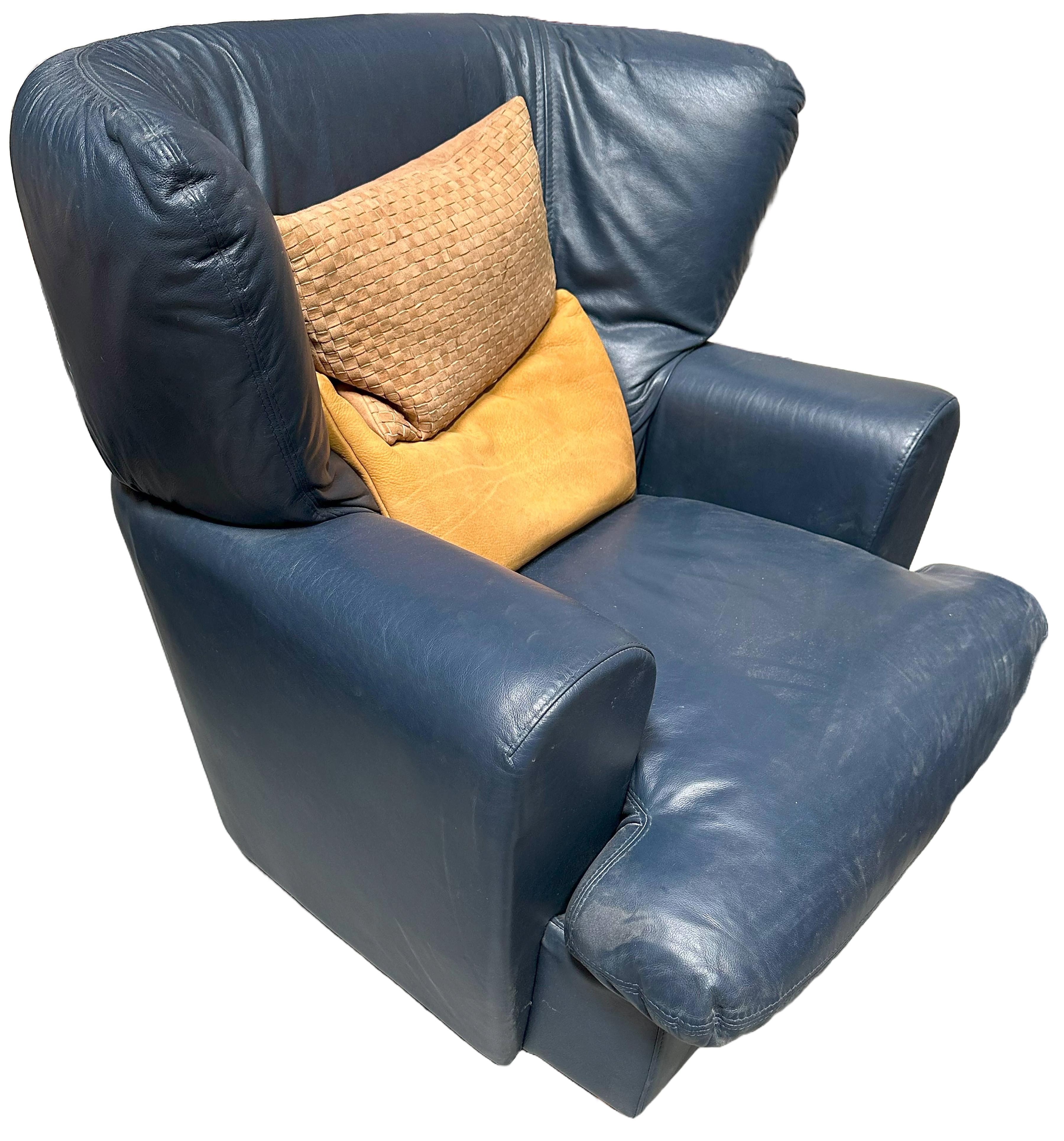 20th Century Blue Patinated Leather Wing Back Lounge Chair For Sale