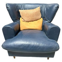 Blue Patinated Leather Wing Back Lounge Chair