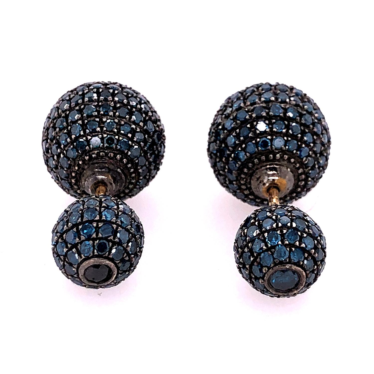 Artisan Blue Pave Diamond Ball Earrings Made in 18k Gold & Silver For Sale