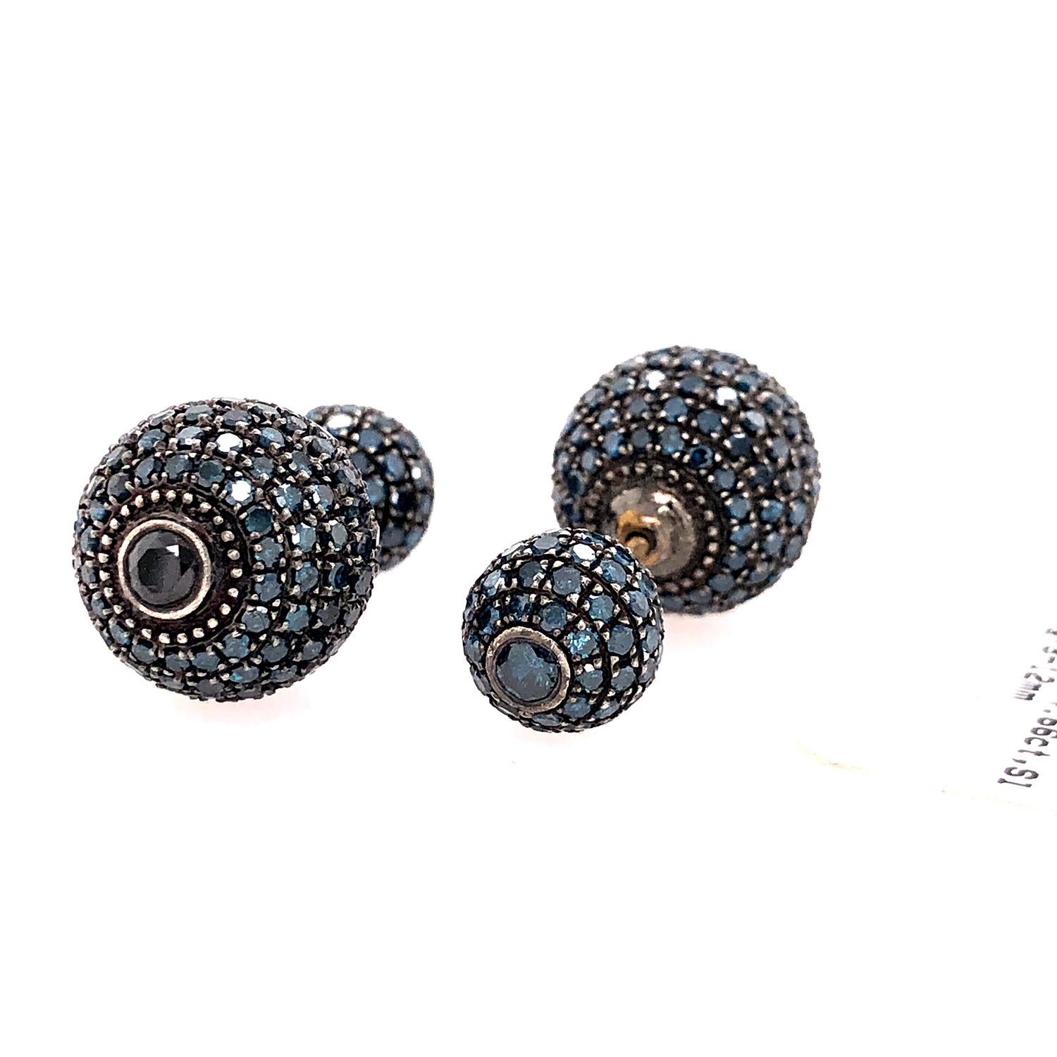 Mixed Cut Blue Pave Diamond Ball Earrings Made in 18k Gold & Silver For Sale
