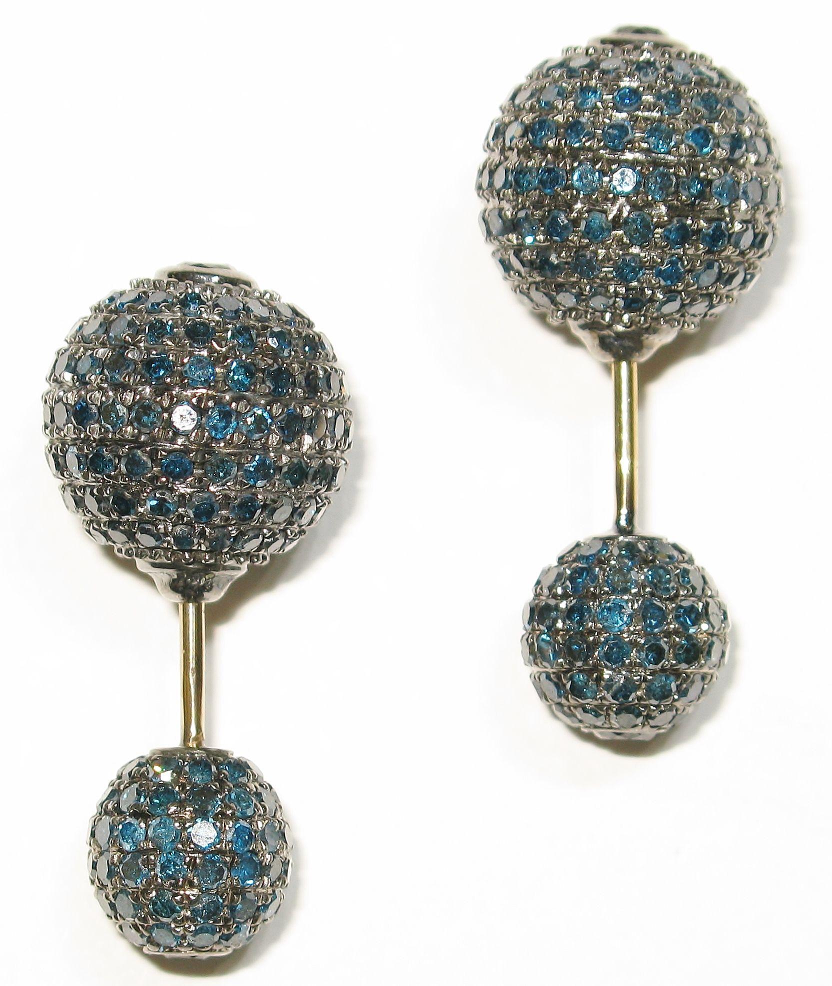 Blue Pave Diamond Ball Earrings Made in 18k Gold & Silver In New Condition For Sale In New York, NY