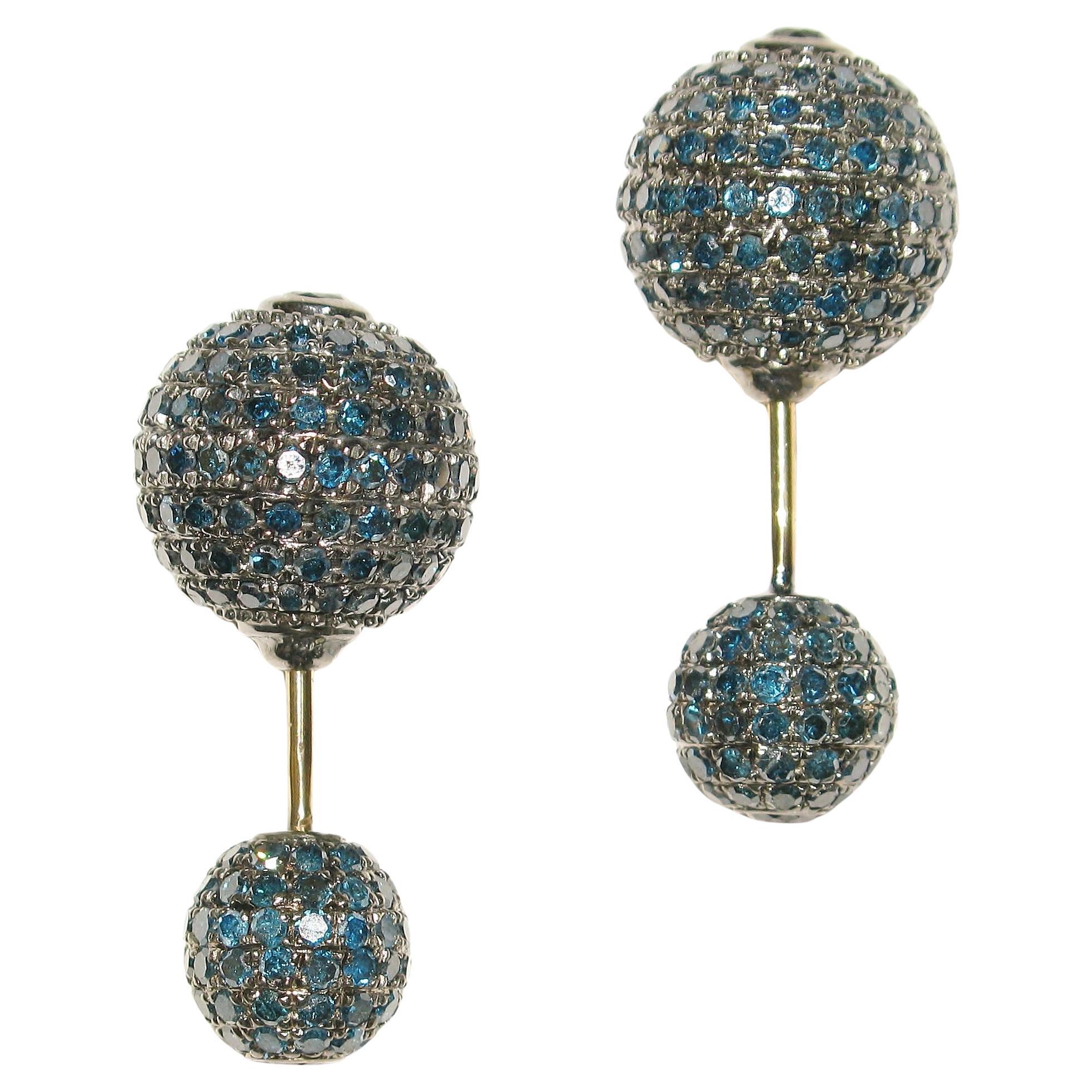 Blue Pave Diamond Ball Earrings Made in 18k Gold & Silver For Sale