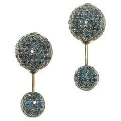 Blaue Pavé-Diamant-Kugel-Ohrringe aus 18 Karat Gold und Silber