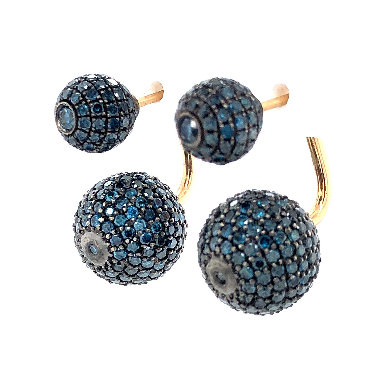 Art Nouveau Blue Pave Diamond Ball Tunnel Earring Made in 14k Gold For Sale
