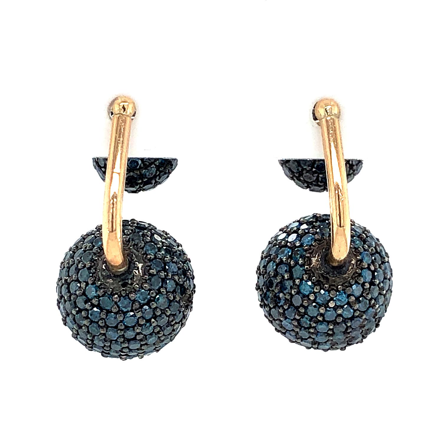 Mixed Cut Blue Pave Diamond Ball Tunnel Earring Made in 14k Gold For Sale