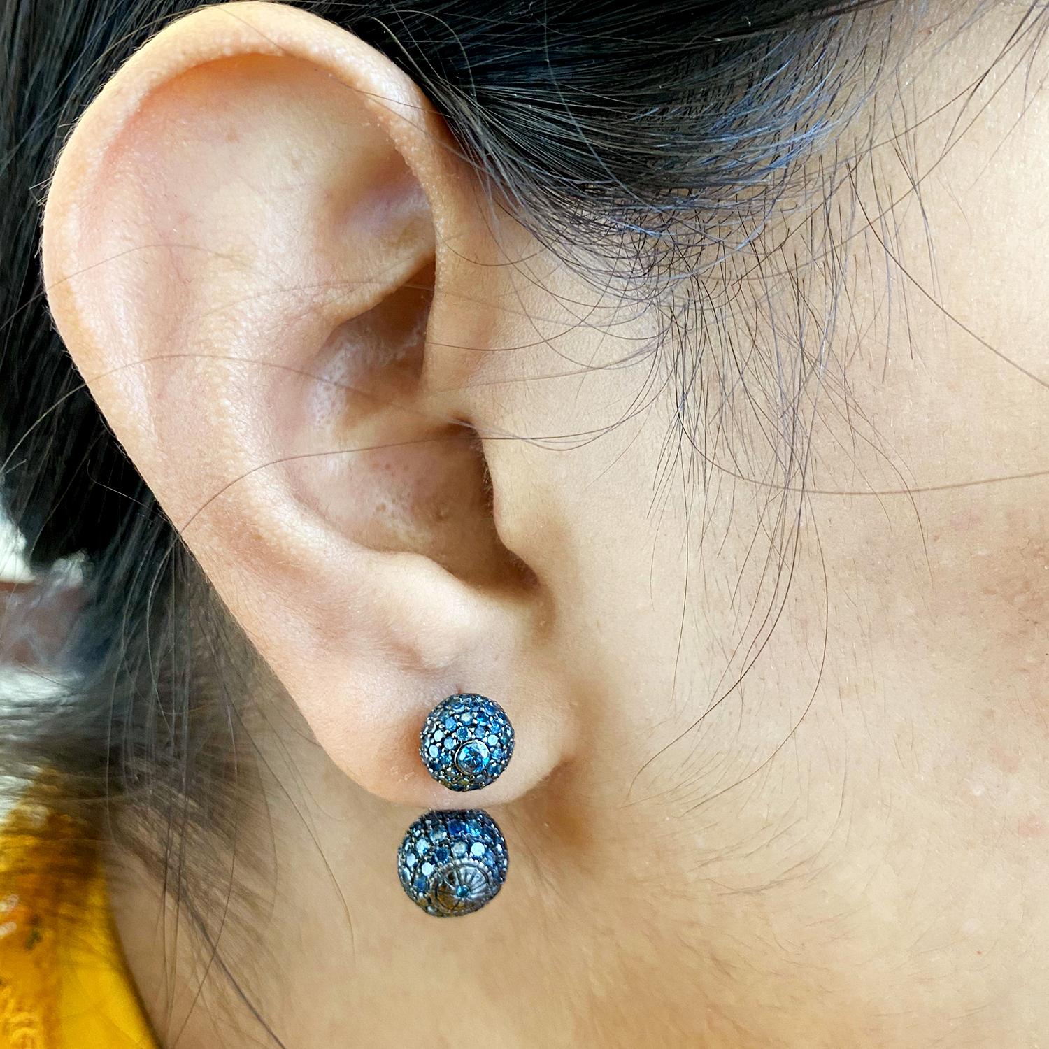 Artisan Blue Pave Diamond Balls Earring Made In 14k Gold For Sale