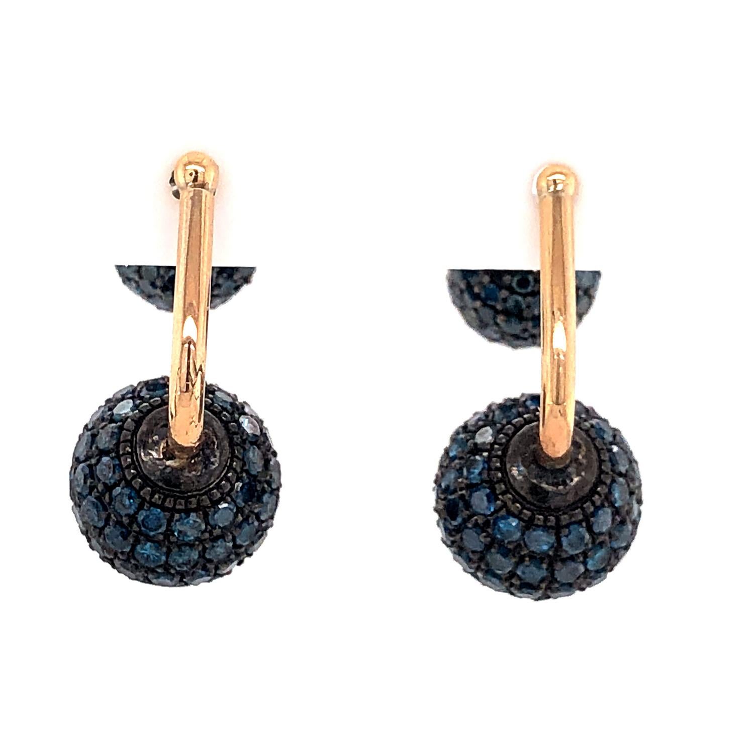 Mixed Cut Blue Pave Diamond Balls Earring Made In 14k Gold For Sale