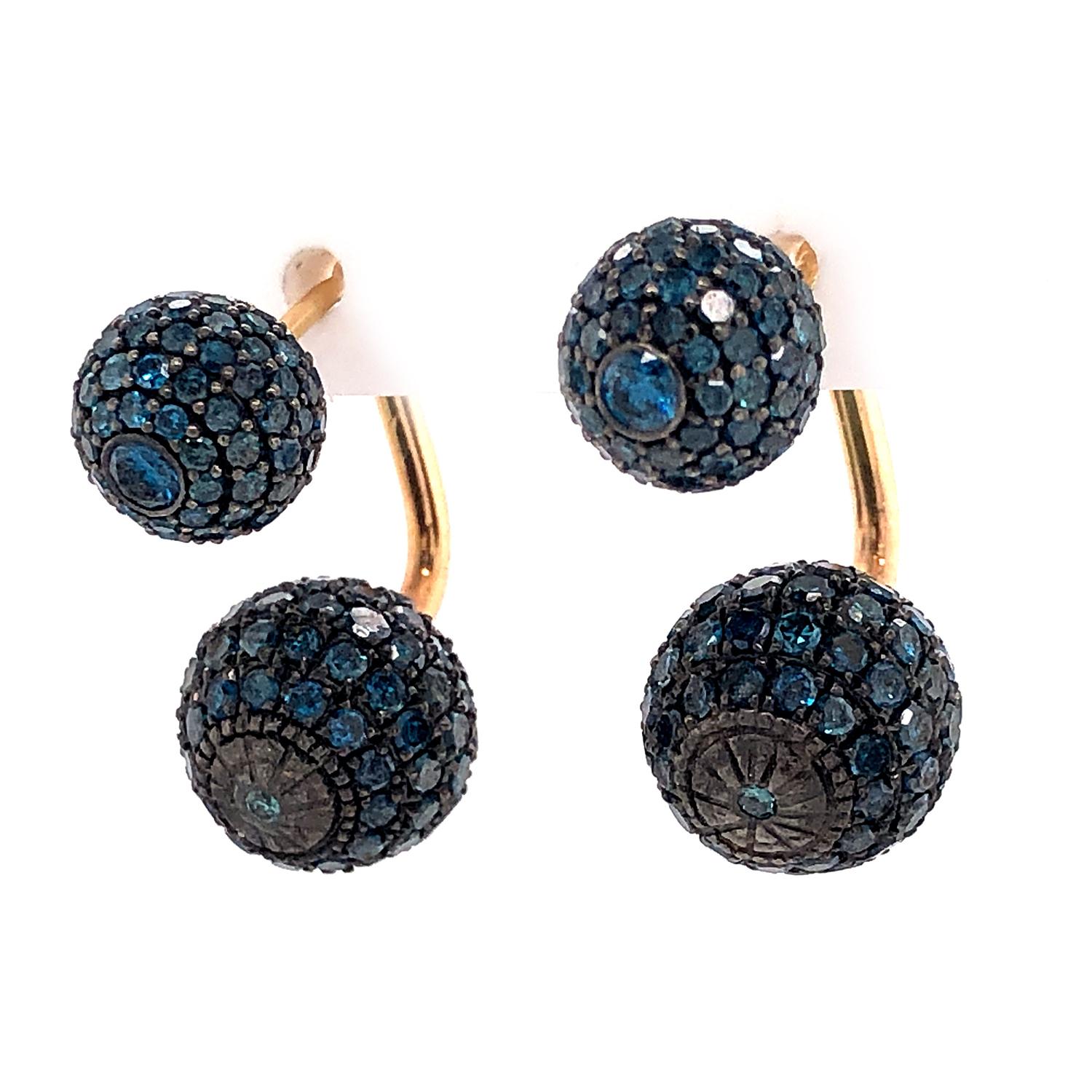 Blue Pave Diamond Balls Earring Made In 14k Gold In New Condition For Sale In New York, NY