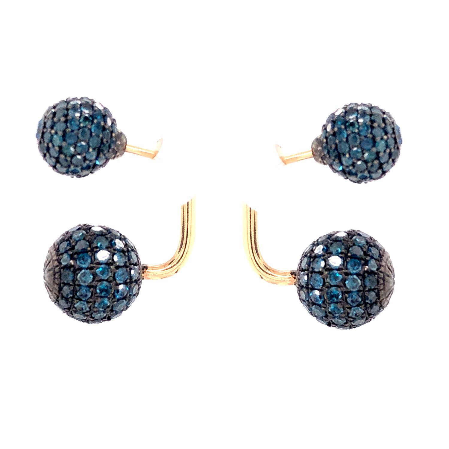 Women's Blue Pave Diamond Balls Earring Made In 14k Gold For Sale