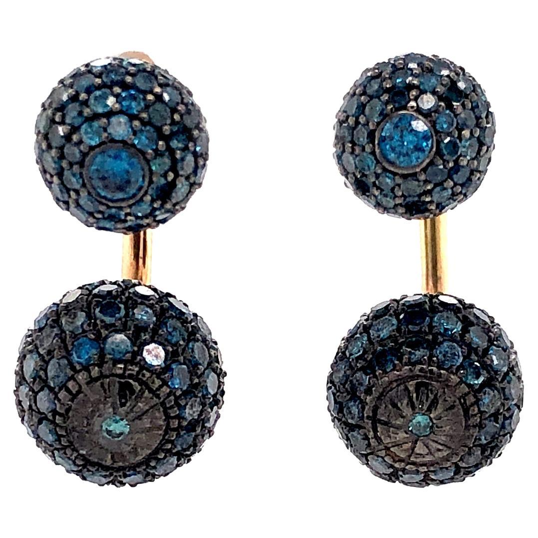 Blue Pave Diamond Balls Earring Made In 14k Gold For Sale
