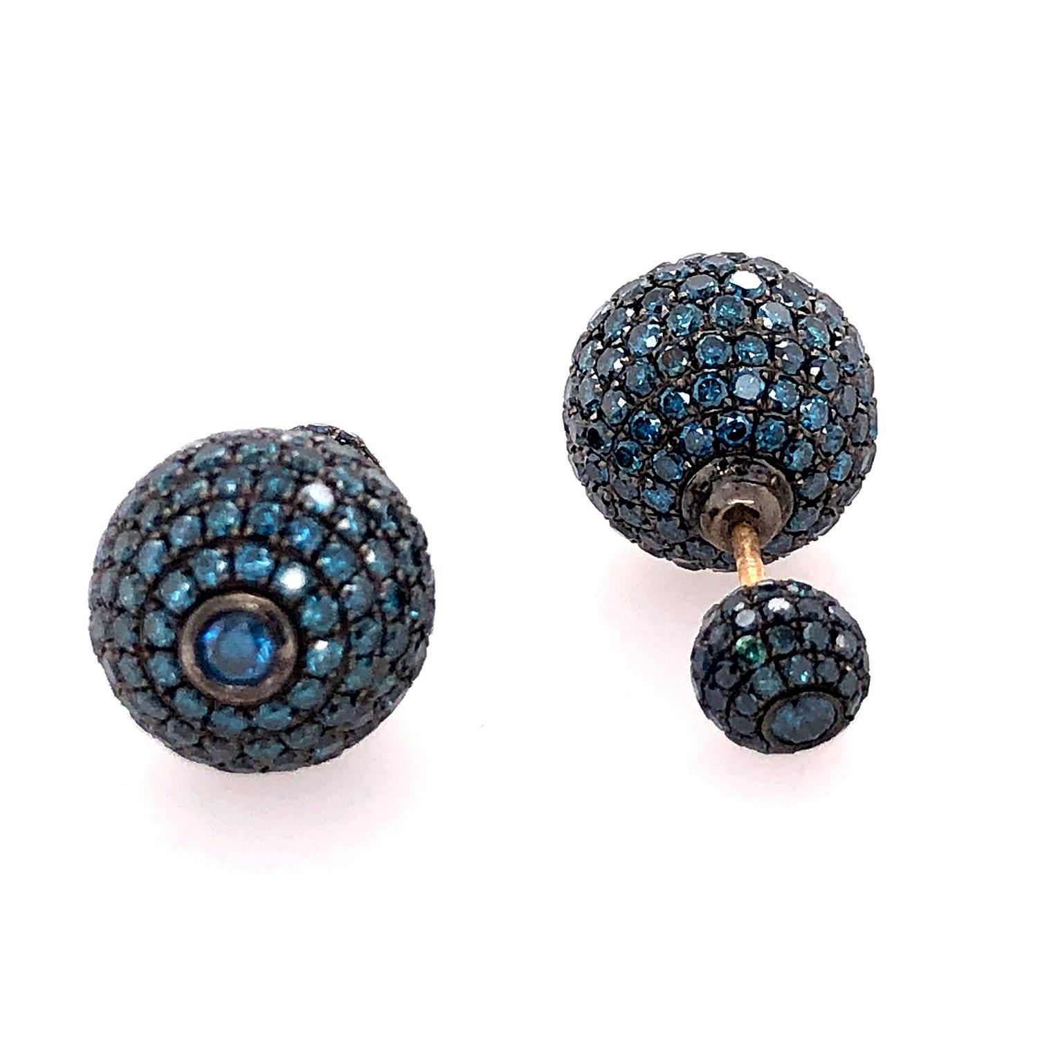 Artisan Blue Pave Diamond Tunnel Earrings Made in 14k Gold For Sale