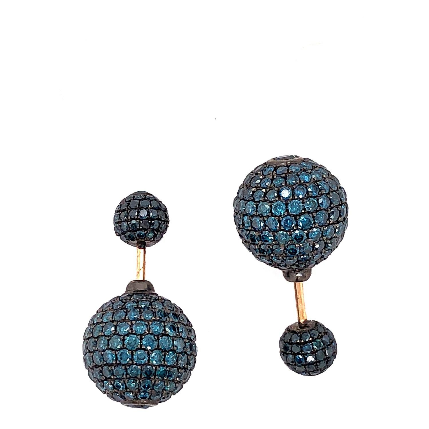 Mixed Cut Blue Pave Diamond Tunnel Earrings Made in 14k Gold For Sale