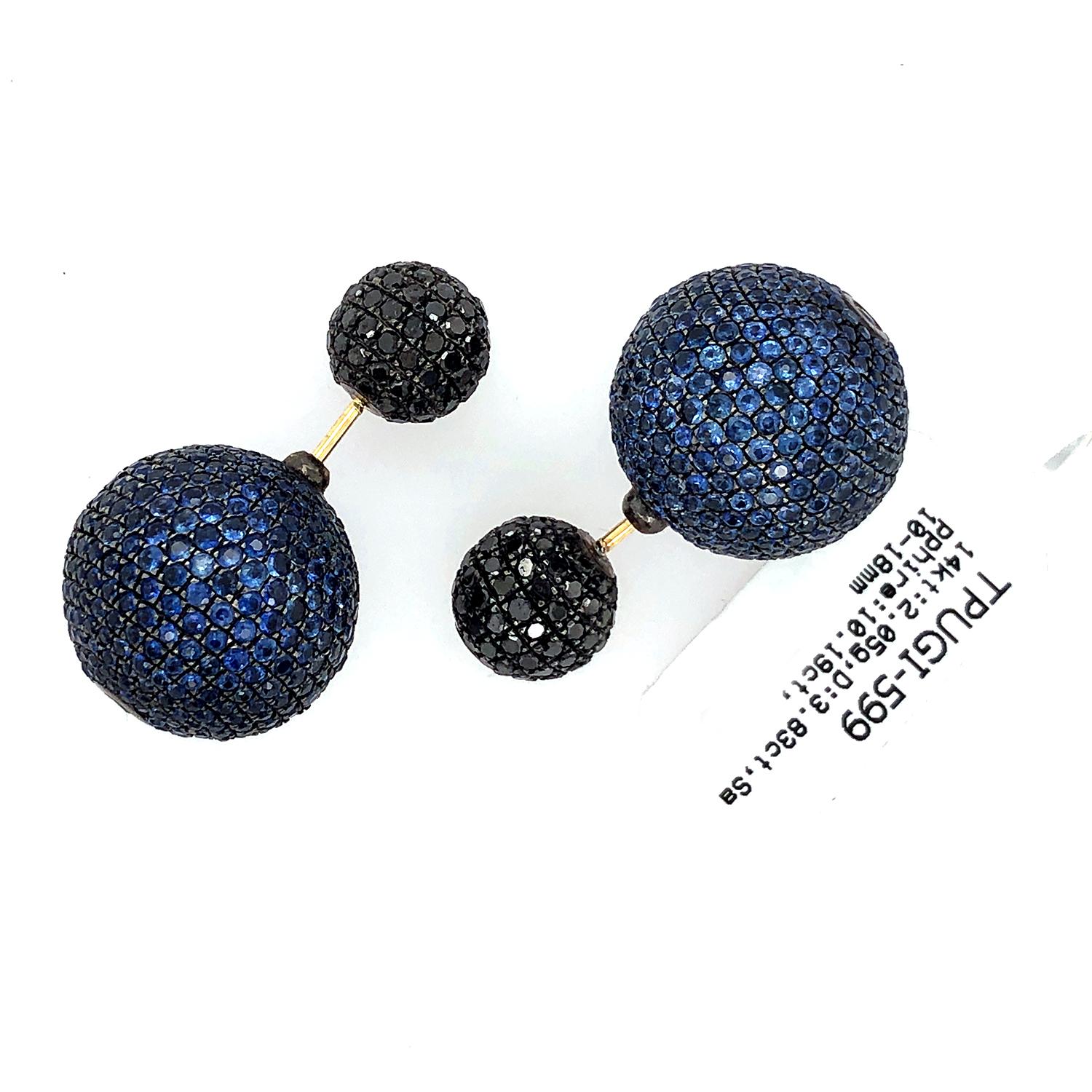 Blaue Pave Saphir-Kugel-Ohrringe aus 14k Gold (Art déco) im Angebot