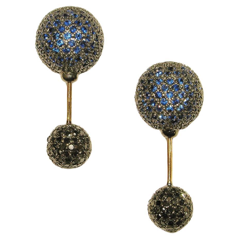 Blue Pave Sapphire Ball Earrings Made In 14k Gold