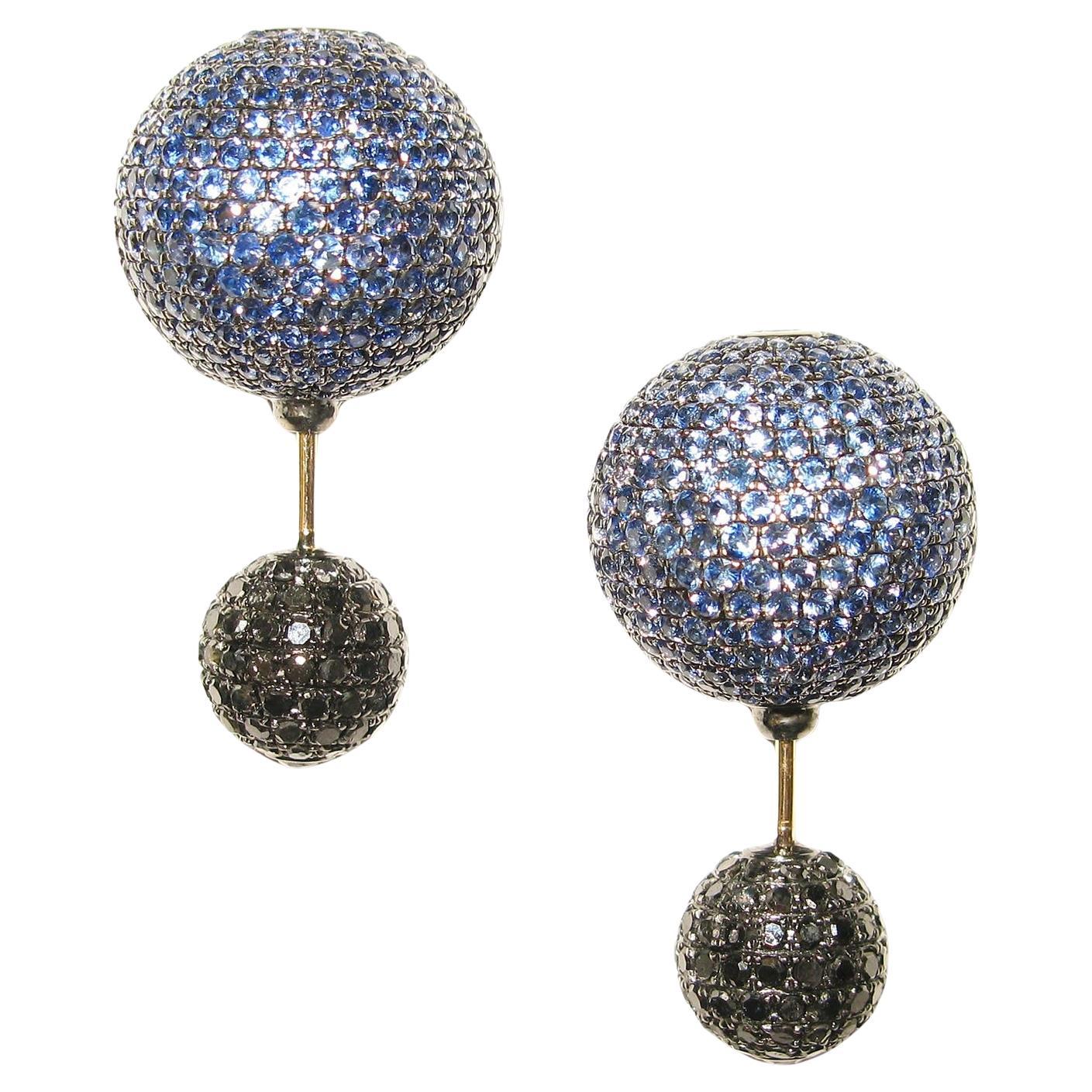 Blue Pave Sapphire Ball Earrings Made In 14k Gold For Sale