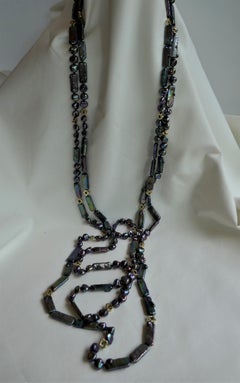 Blue  Peacock Cultured Pearls Gold Plated Hematite Marcasite 925 Silver Necklace