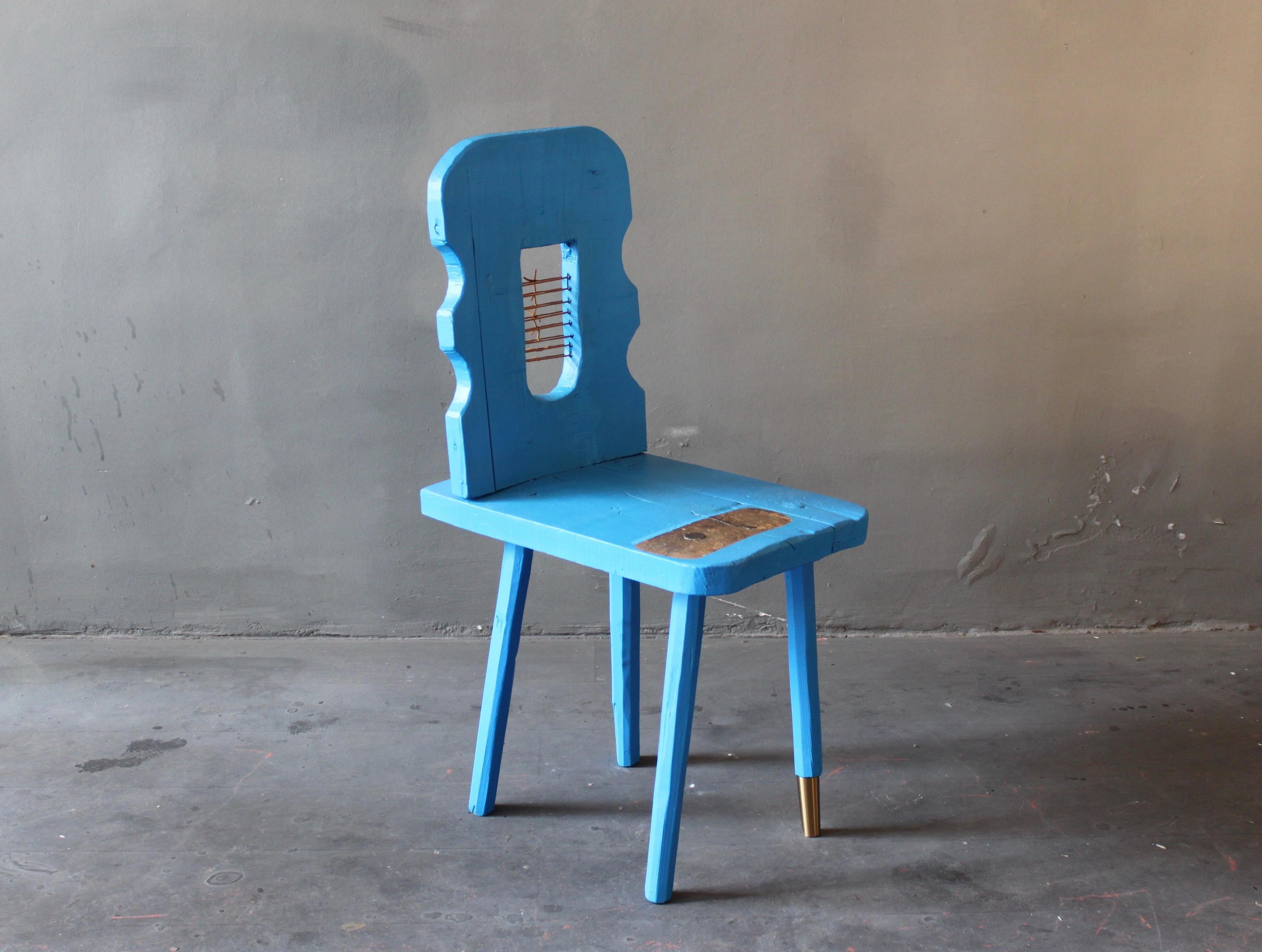 Blue Peak Of A Century Chair by Markus Friedrich Staab
One of a Kind
Dimensions: D 47 x W 42 x H 92 cm.
Materials: Wood, paint, leather, brass.

Ancient Austrian Brettlstuhl contemporized, re-shaped, painted, leather stripes and brass foot added,