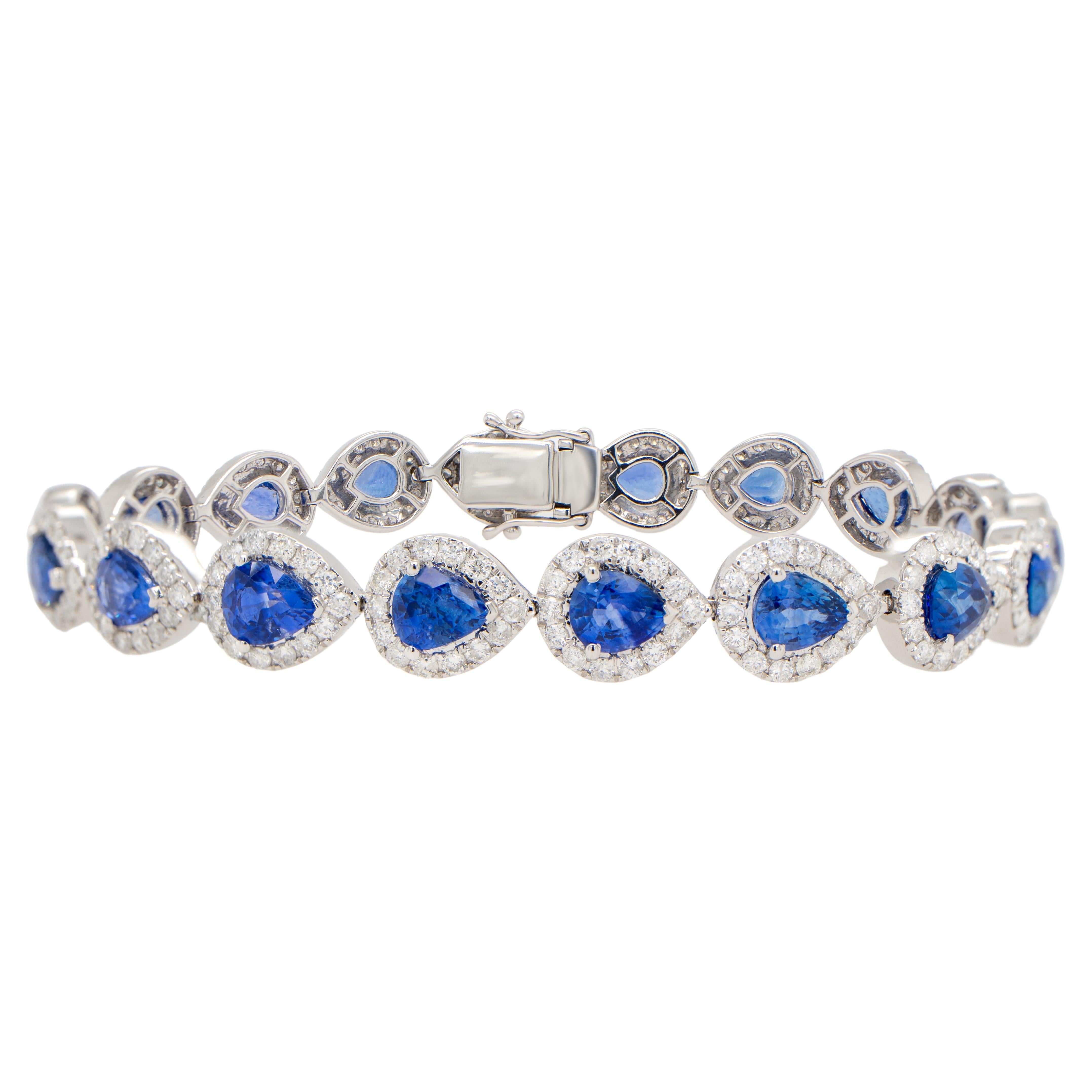 Blue Pear Cut Sapphire Bracelet Diamond Halo 13.6 Carats 18K Gold For Sale