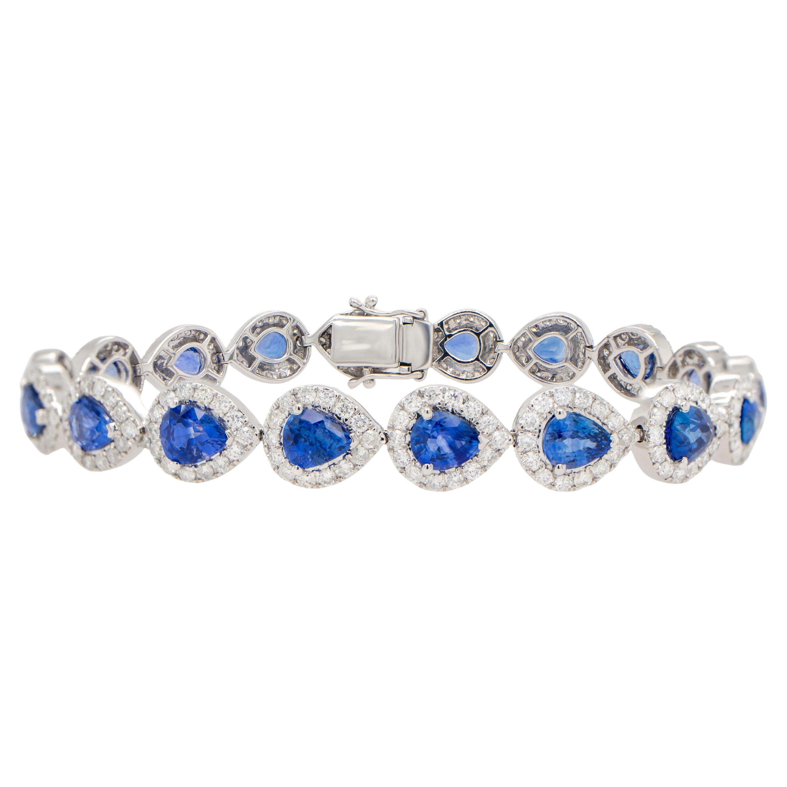 Blue Pear Cut Sapphire Bracelet Diamond Halo 13.6 Carats 18K Gold