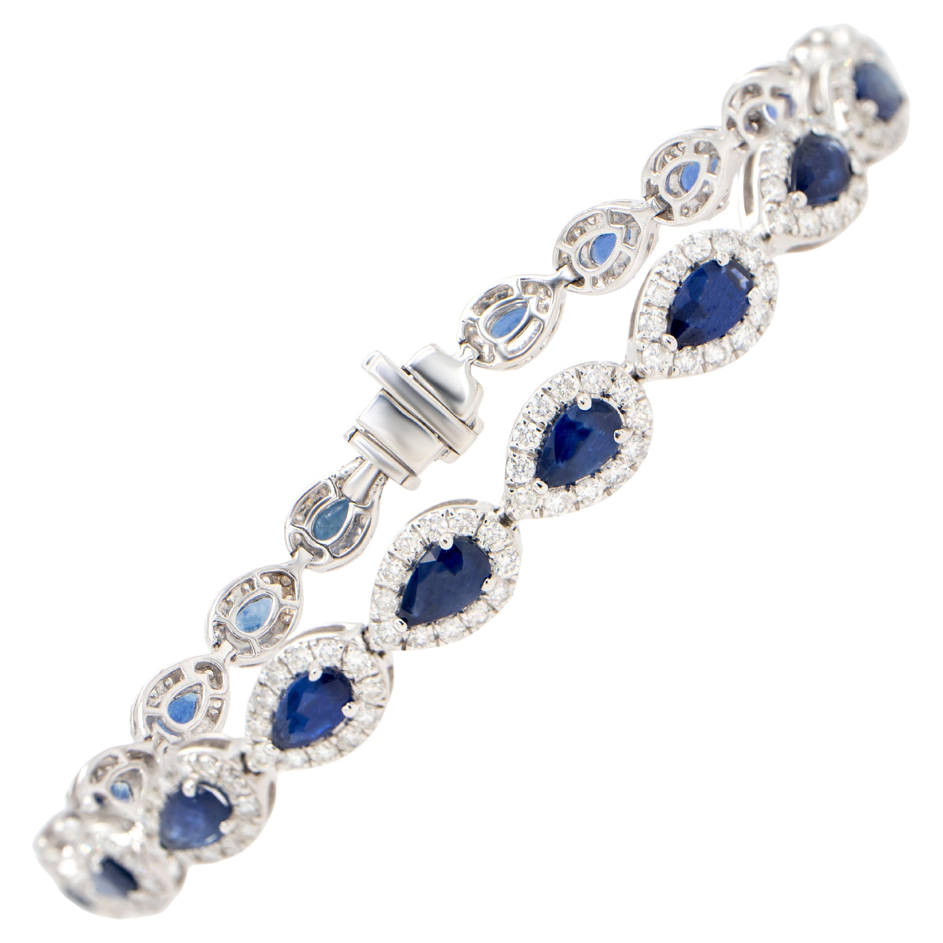 Blue Pear Cut Sapphire Bracelet Diamond Halo 6.94 Carats 18K Gold For Sale