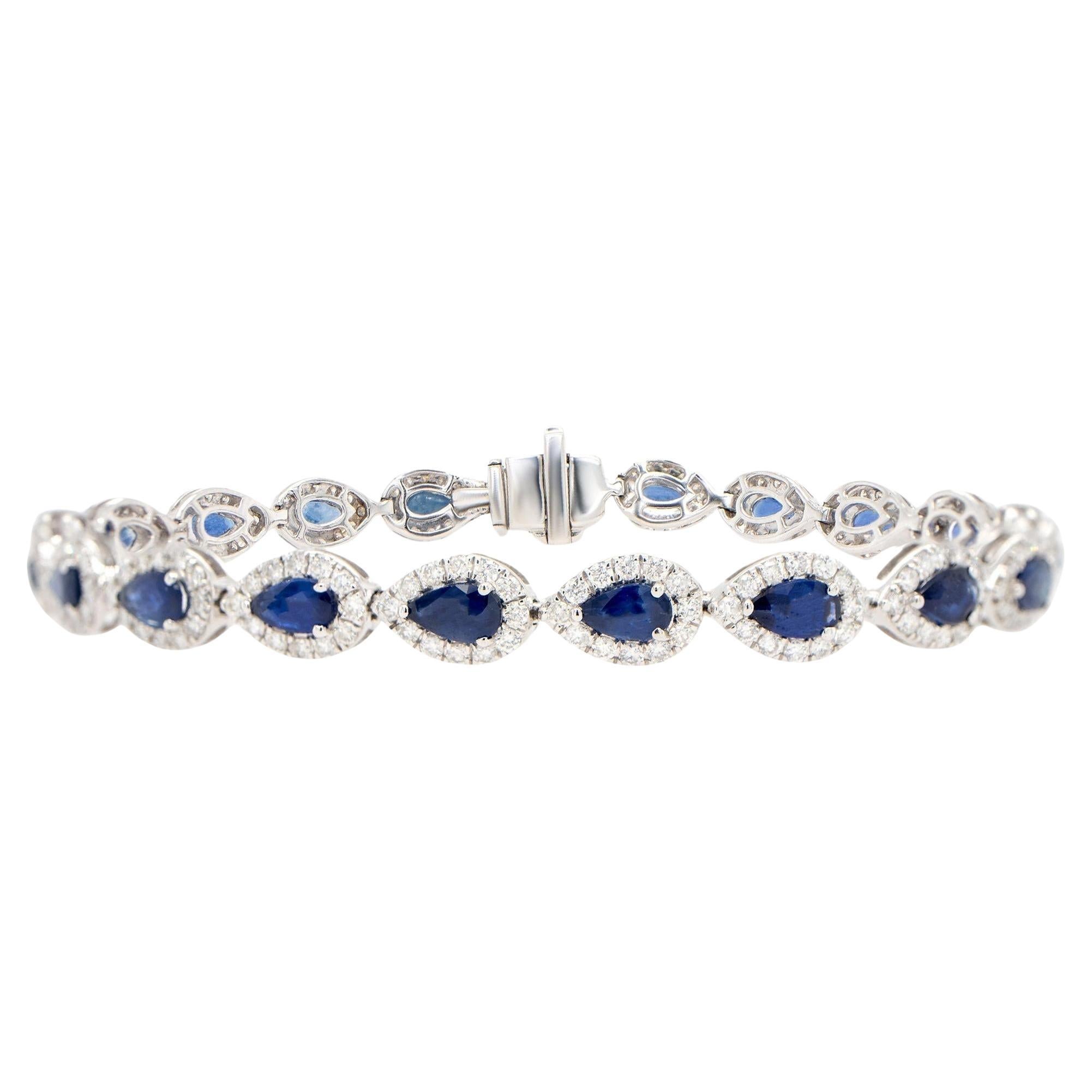 Blue Pear Cut Sapphire Bracelet Diamond Halo 6.94 Carats 18K Gold