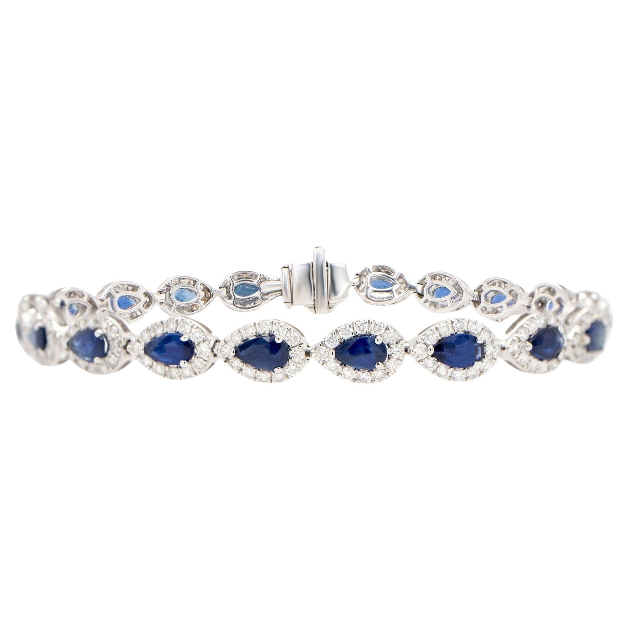 Blue Pear Cut Sapphire Bracelet Diamond Halo 6.94 Carats 18K Gold For Sale