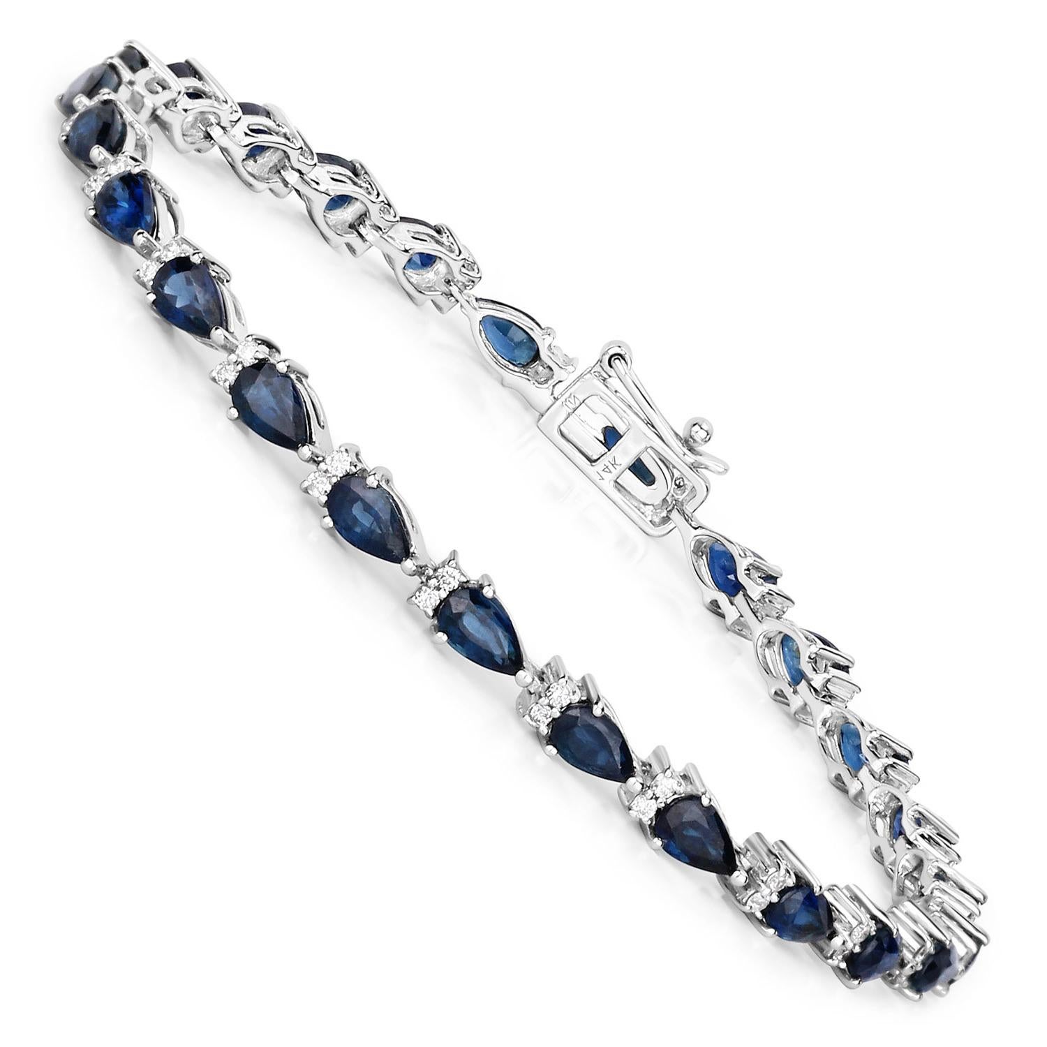 Contemporary Blue Pear Cut Sapphire Tennis Bracelet Diamond Links 5.40 Carats 14K White Gold For Sale