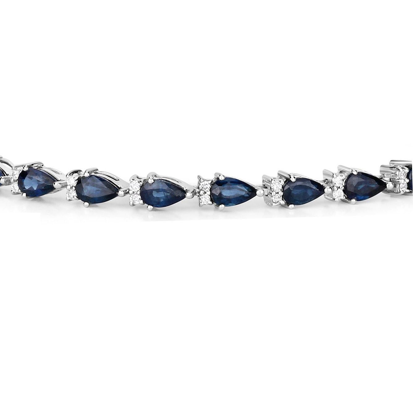 Taille poire Bracelet tennis à maillons en or blanc 14 carats avec saphir bleu taille poire et diamants 5,40 carats en vente