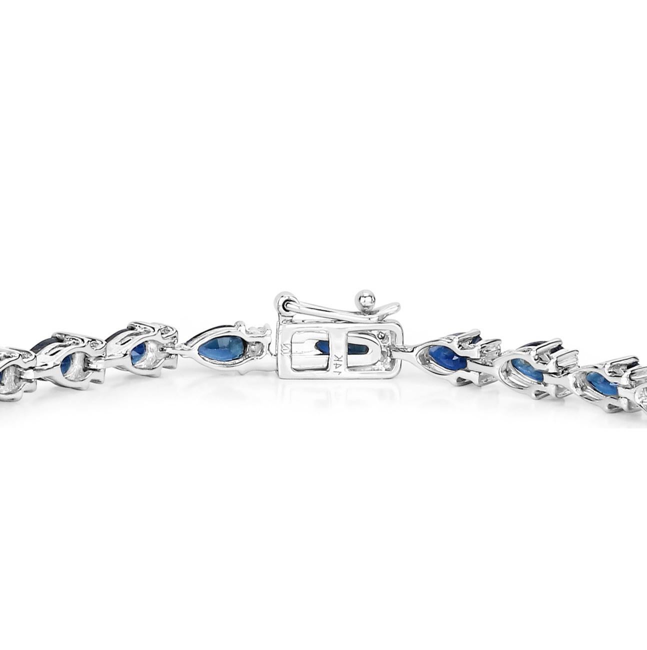 Women's or Men's Blue Pear Cut Sapphire Tennis Bracelet Diamond Links 5.40 Carats 14K White Gold For Sale