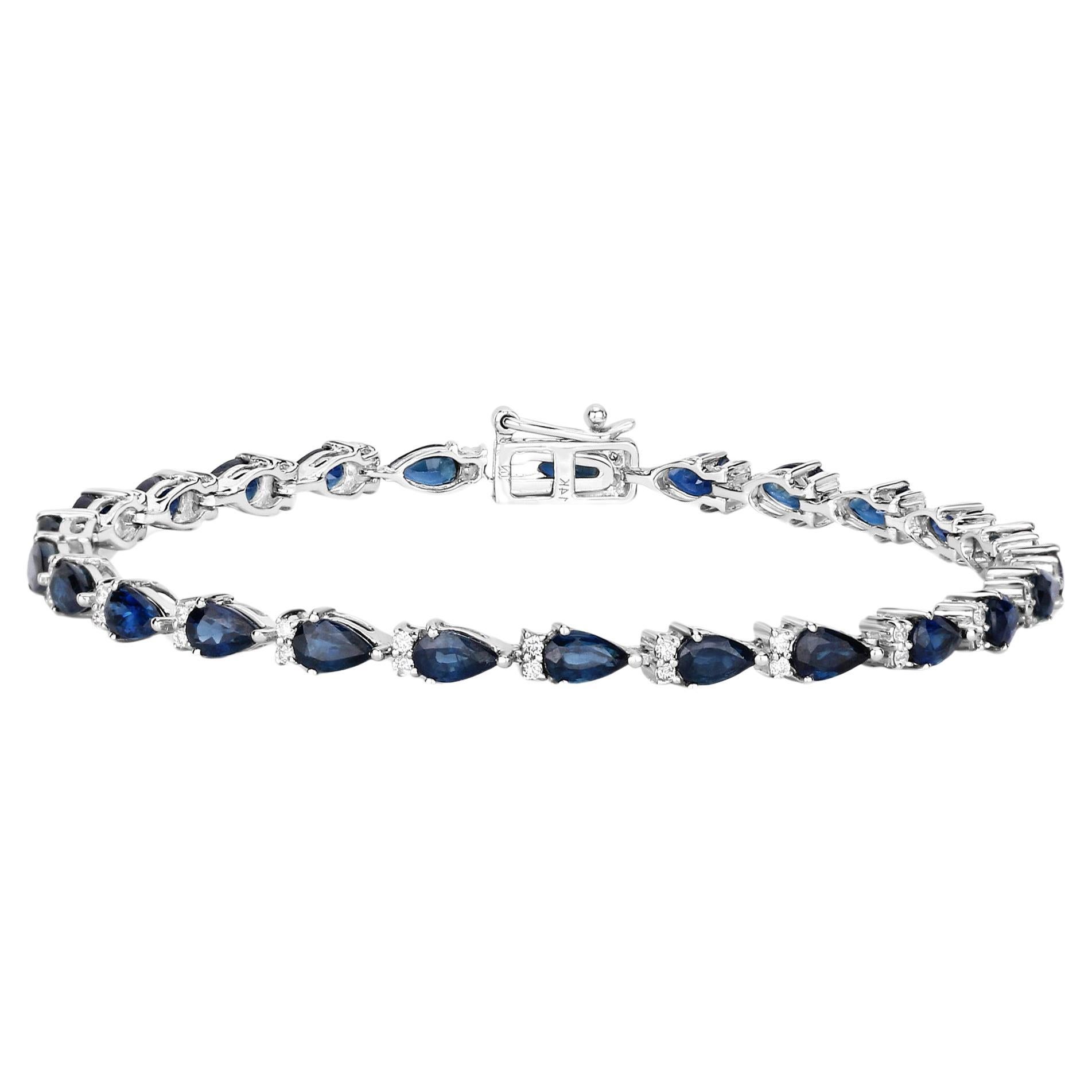 Bracelet tennis à maillons en or blanc 14 carats avec saphir bleu taille poire et diamants 5,40 carats
