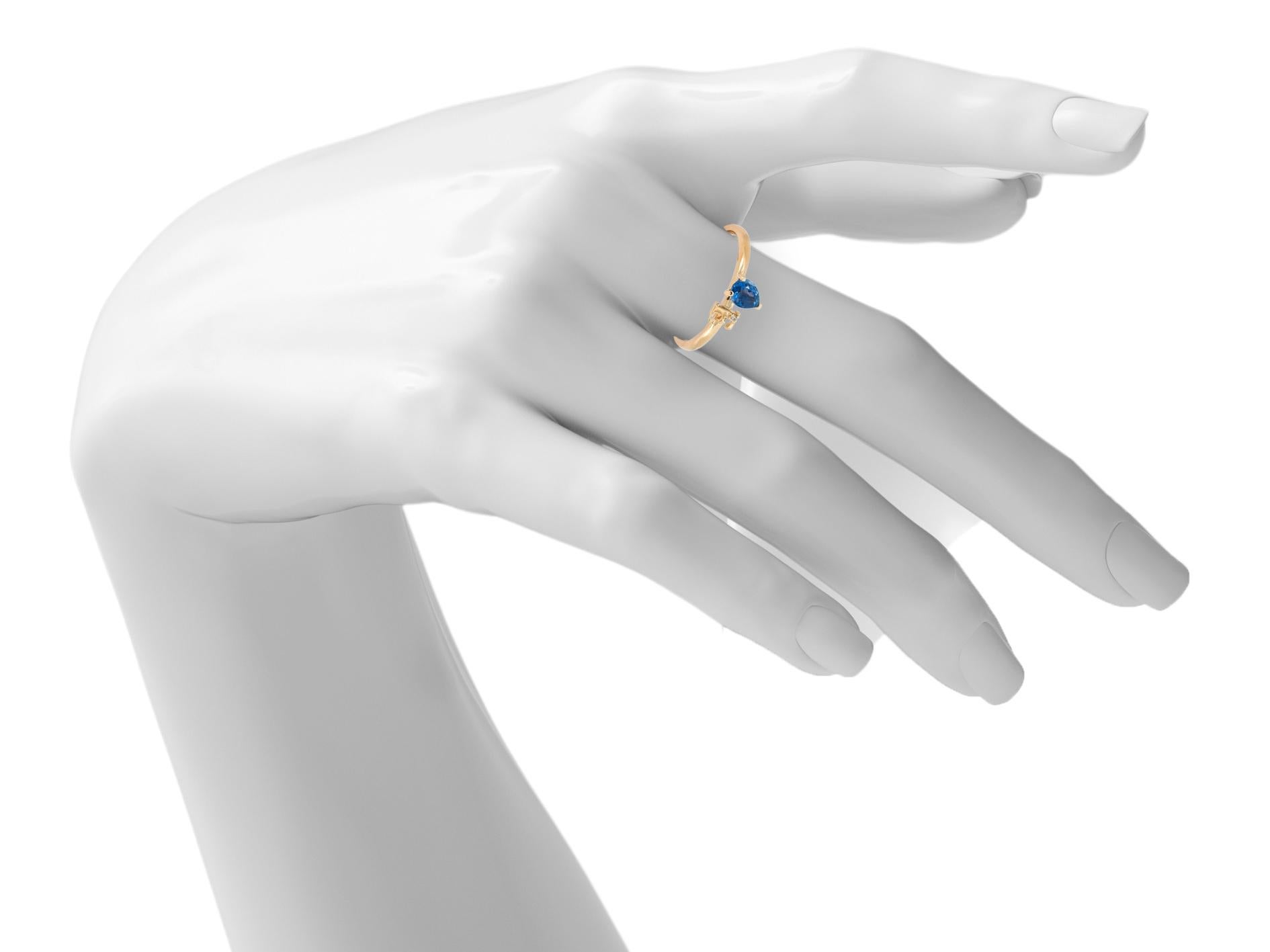 Blue Pear Sapphire 14 Karat Gold Ring, Custom Letter and Gemstone Ring. 5