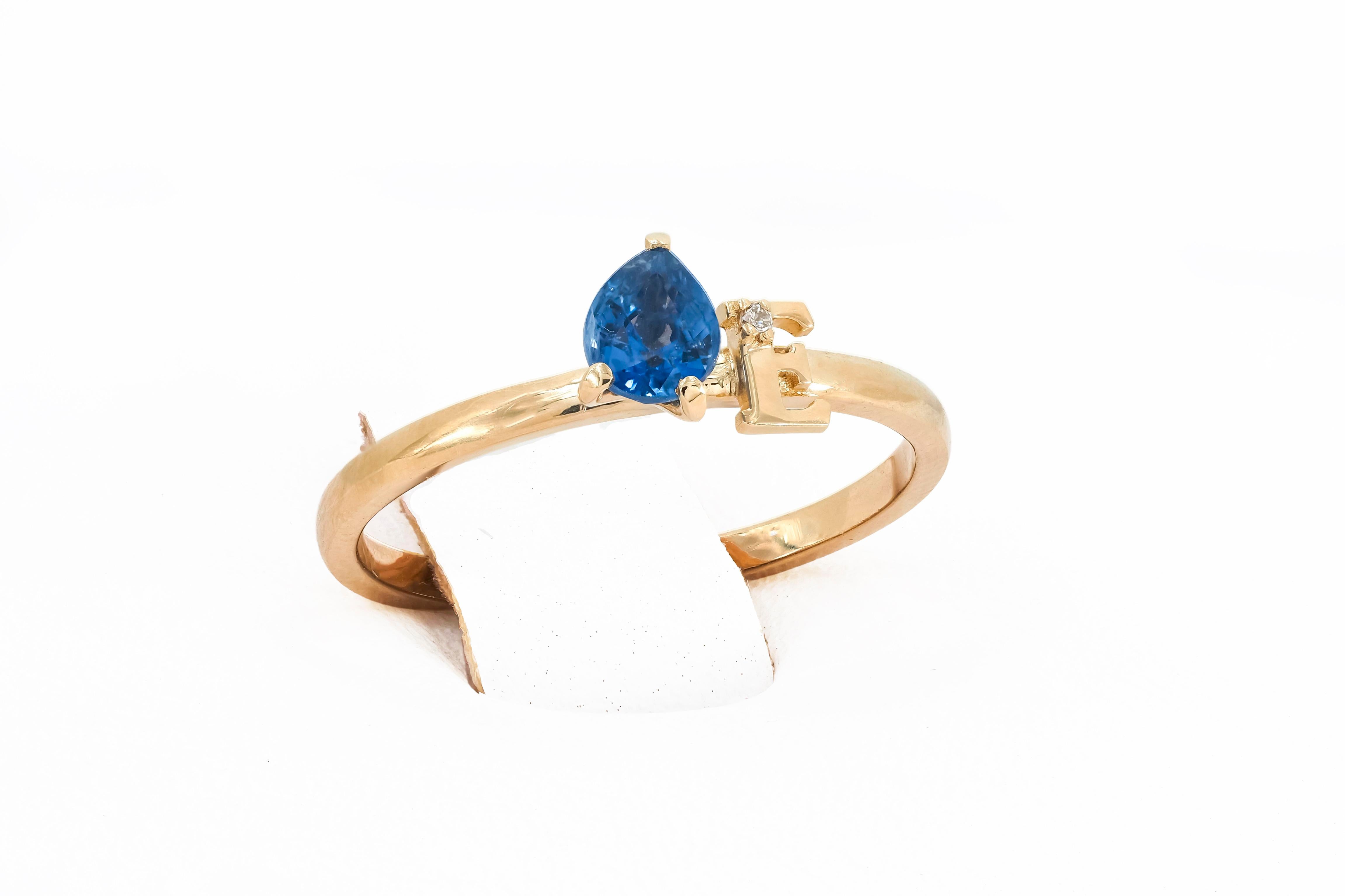 Modern Blue Pear Sapphire 14 Karat Gold Ring, Custom Letter and Gemstone Ring.
