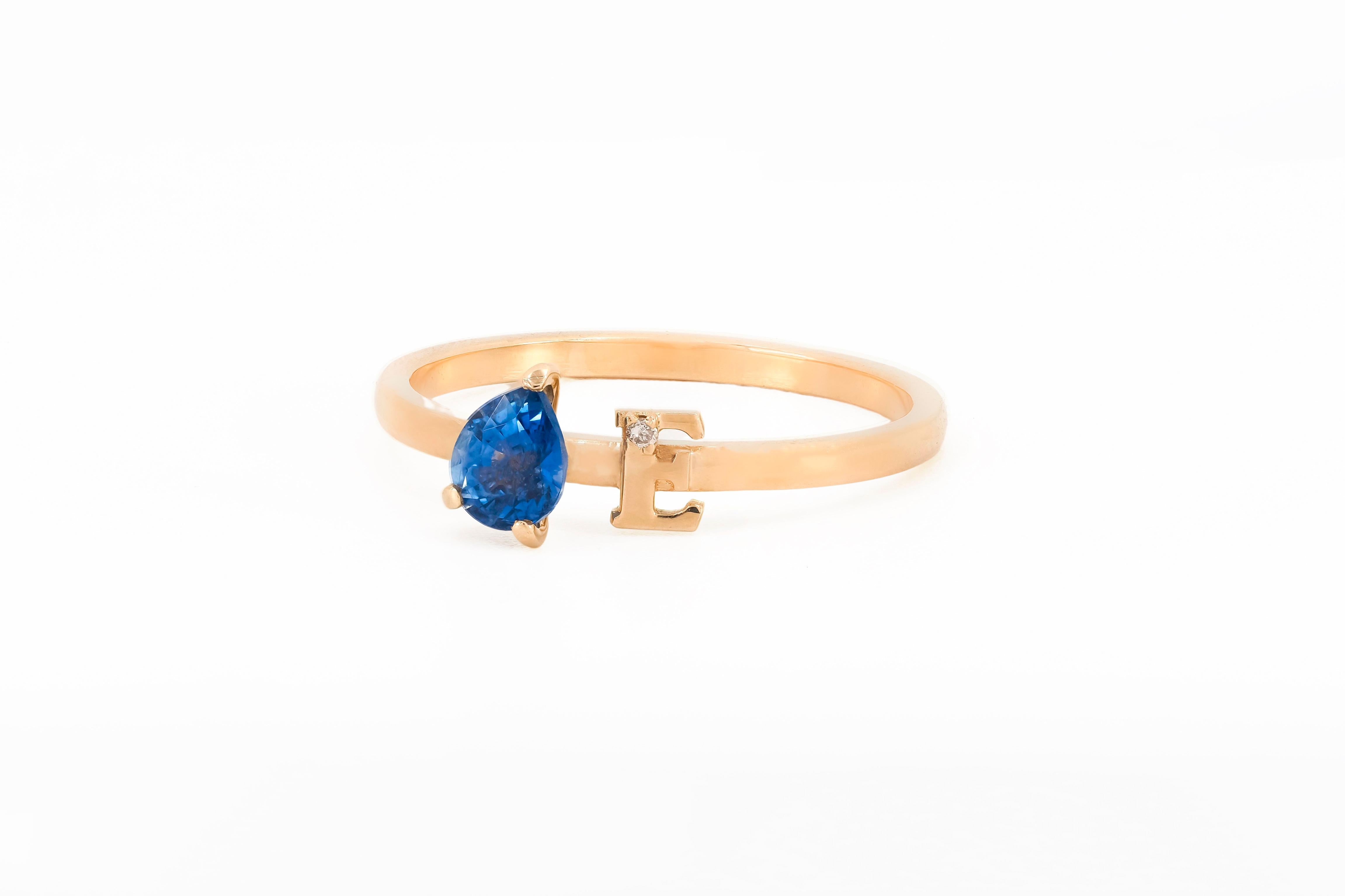 Pear Cut Blue Pear Sapphire 14 Karat Gold Ring, Custom Letter and Gemstone Ring.