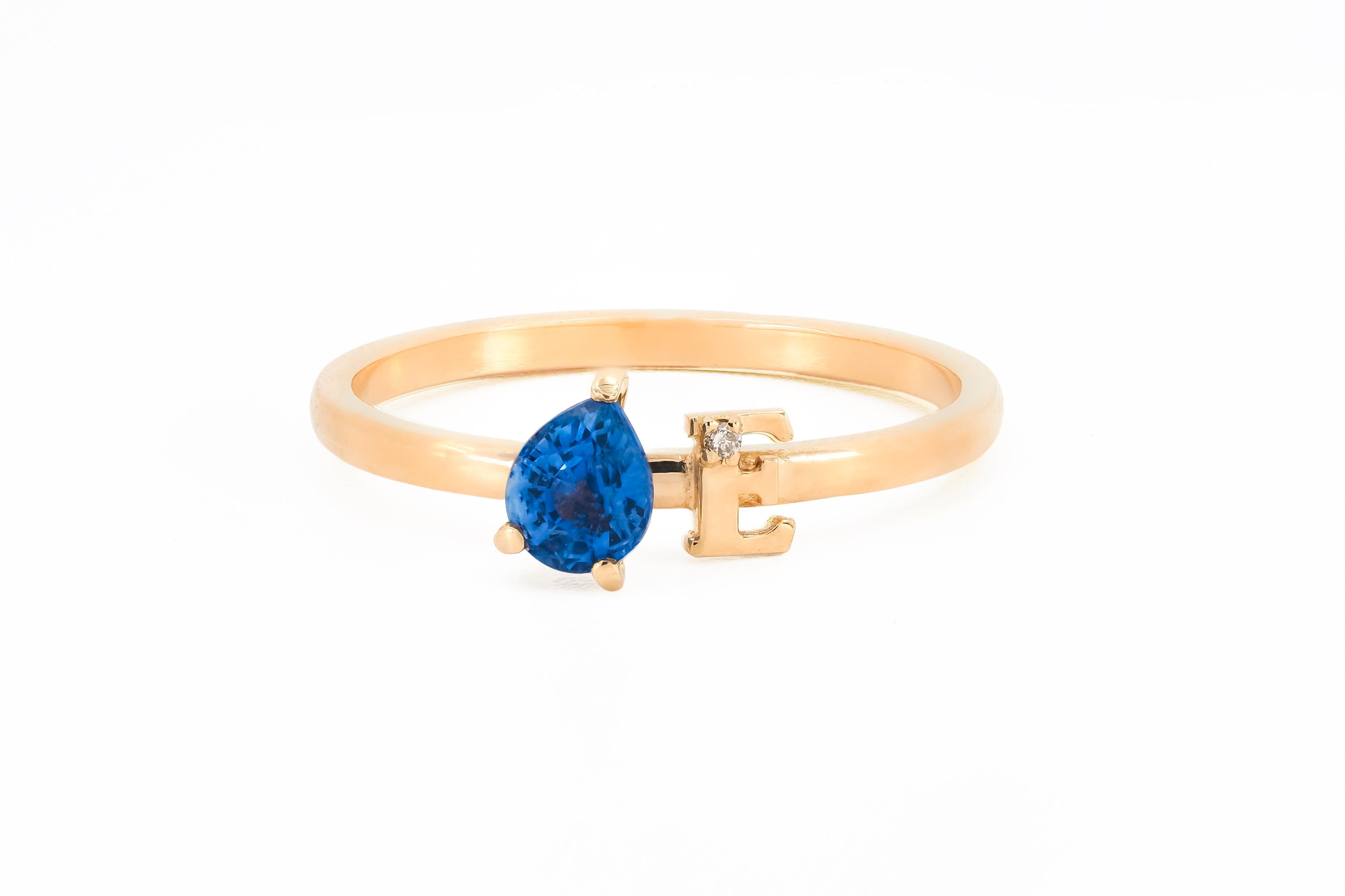 Blue Pear Sapphire 14 Karat Gold Ring, Custom Letter and Gemstone Ring. In New Condition In Istanbul, TR