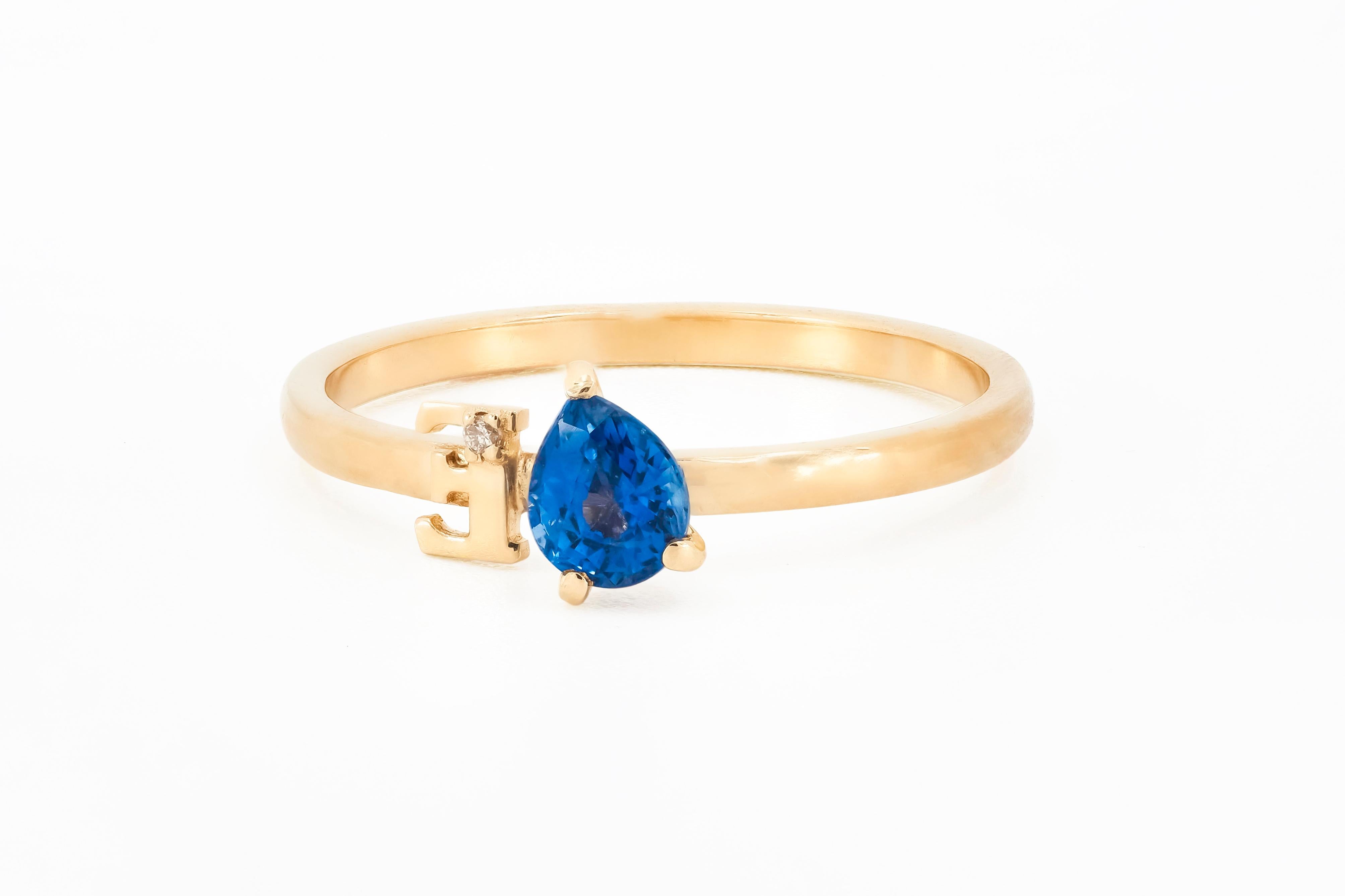 Women's Blue Pear Sapphire 14 Karat Gold Ring, Custom Letter and Gemstone Ring.