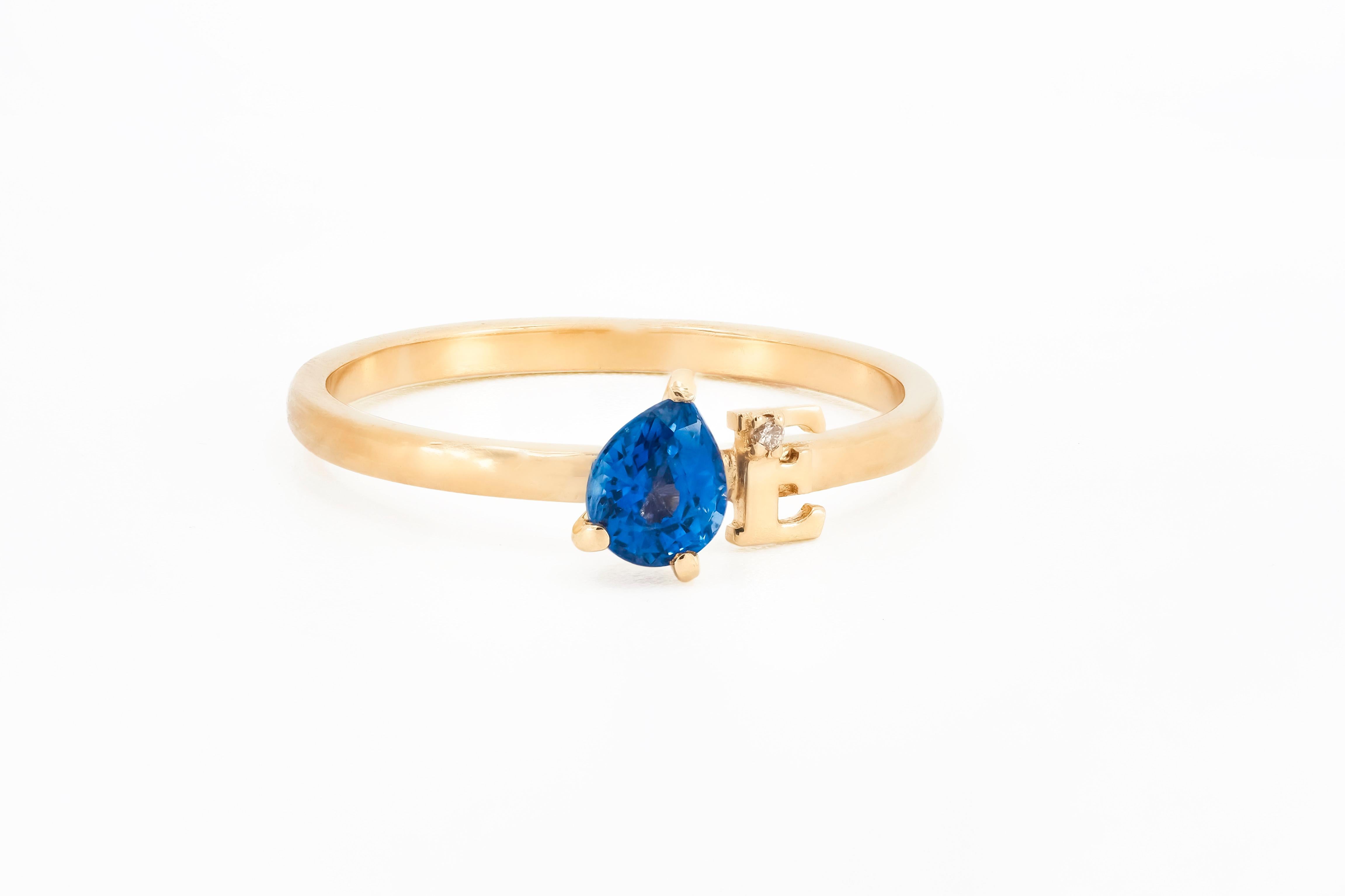 Blue Pear Sapphire 14 Karat Gold Ring, Custom Letter and Gemstone Ring. 1