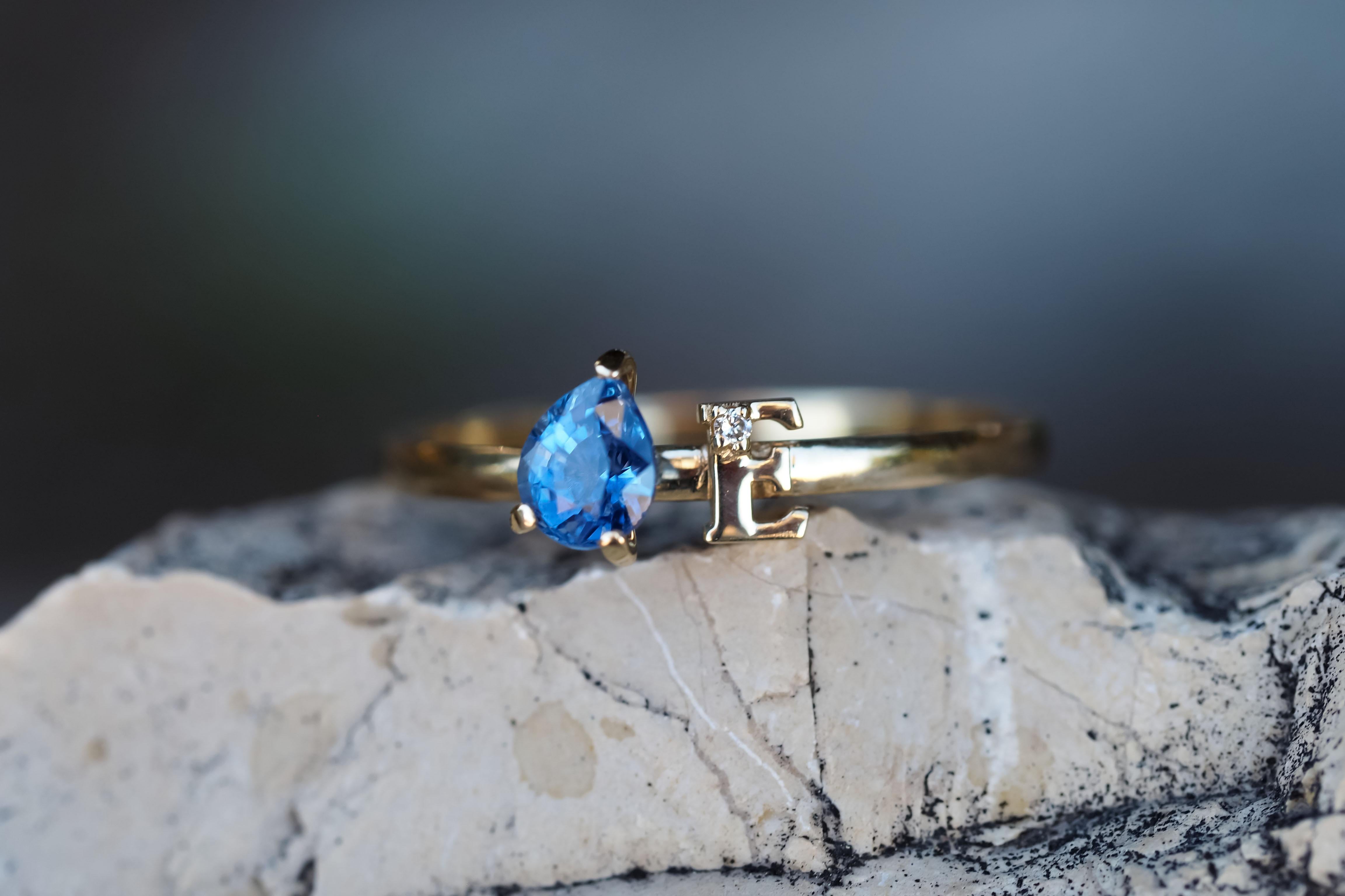 Blue Pear Sapphire 14 Karat Gold Ring, Custom Letter and Gemstone Ring. 3