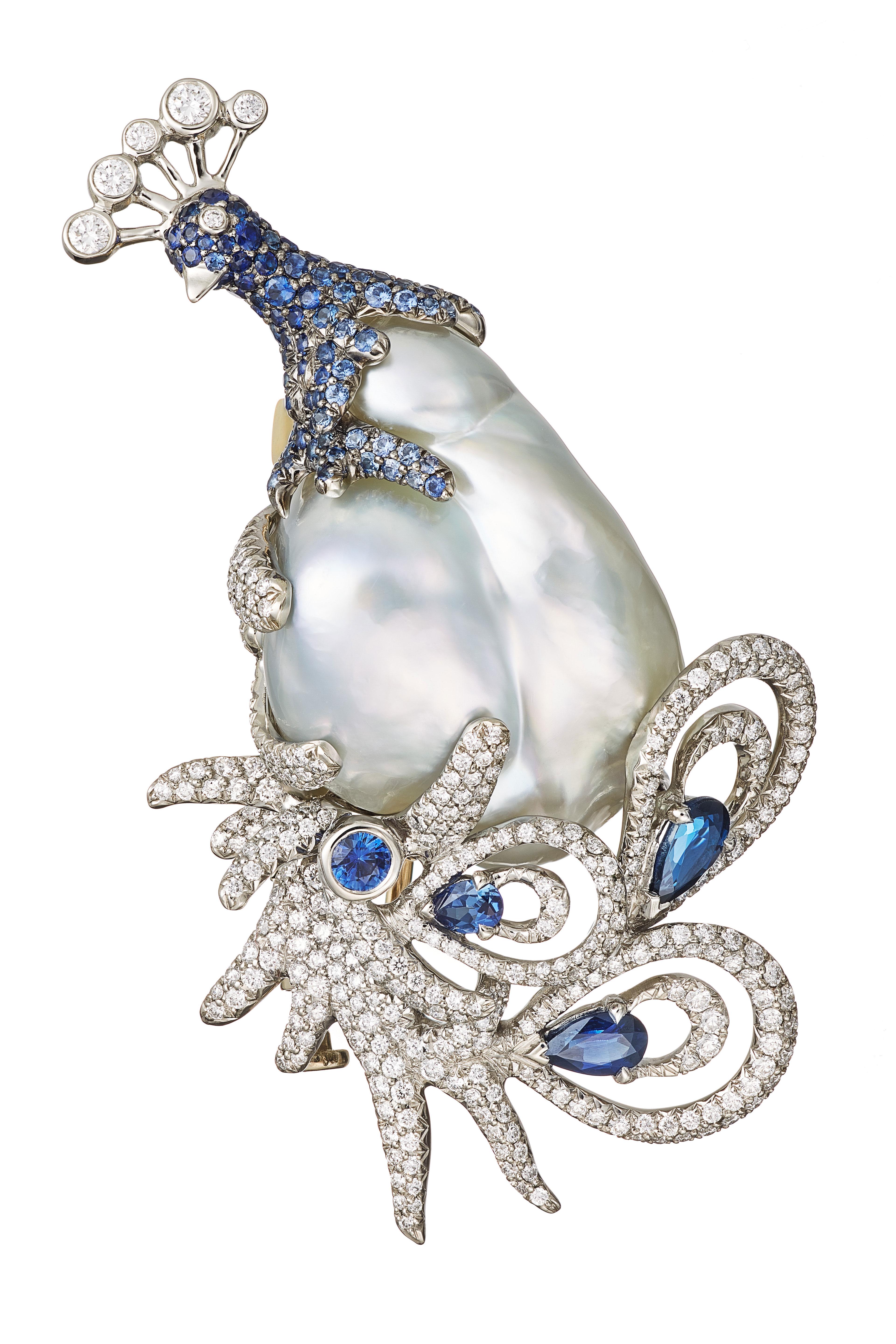 Blue Pearl Blue Sapphires White Diamonds Brooch Aenea Jewellery In New Condition For Sale In Salzburg, AT