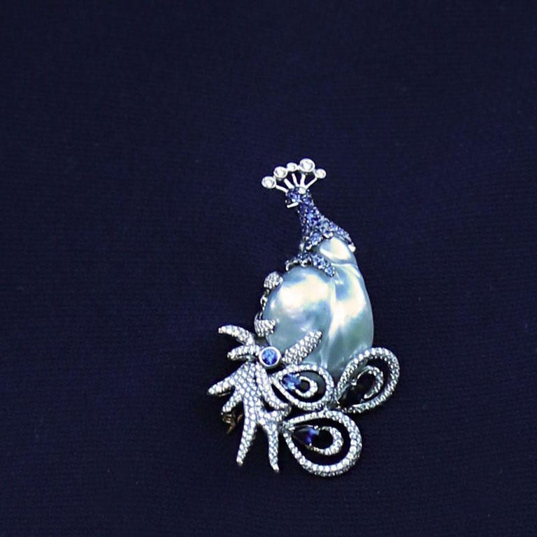 Women's or Men's Blue Pearl Blue Sapphires White Diamonds Brooch Aenea Jewellery For Sale
